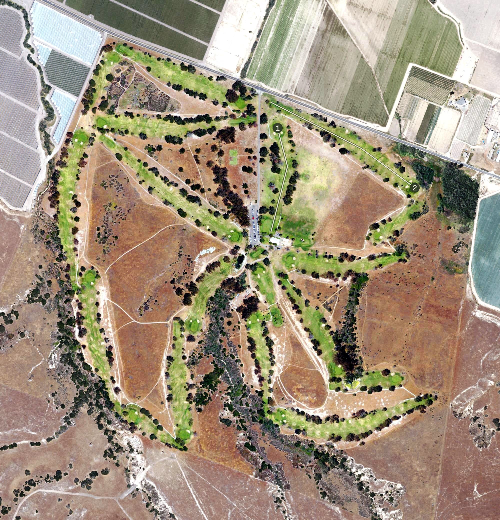 Aerial view of Rancho Maria Golf Club, CA, with its hole routing marked