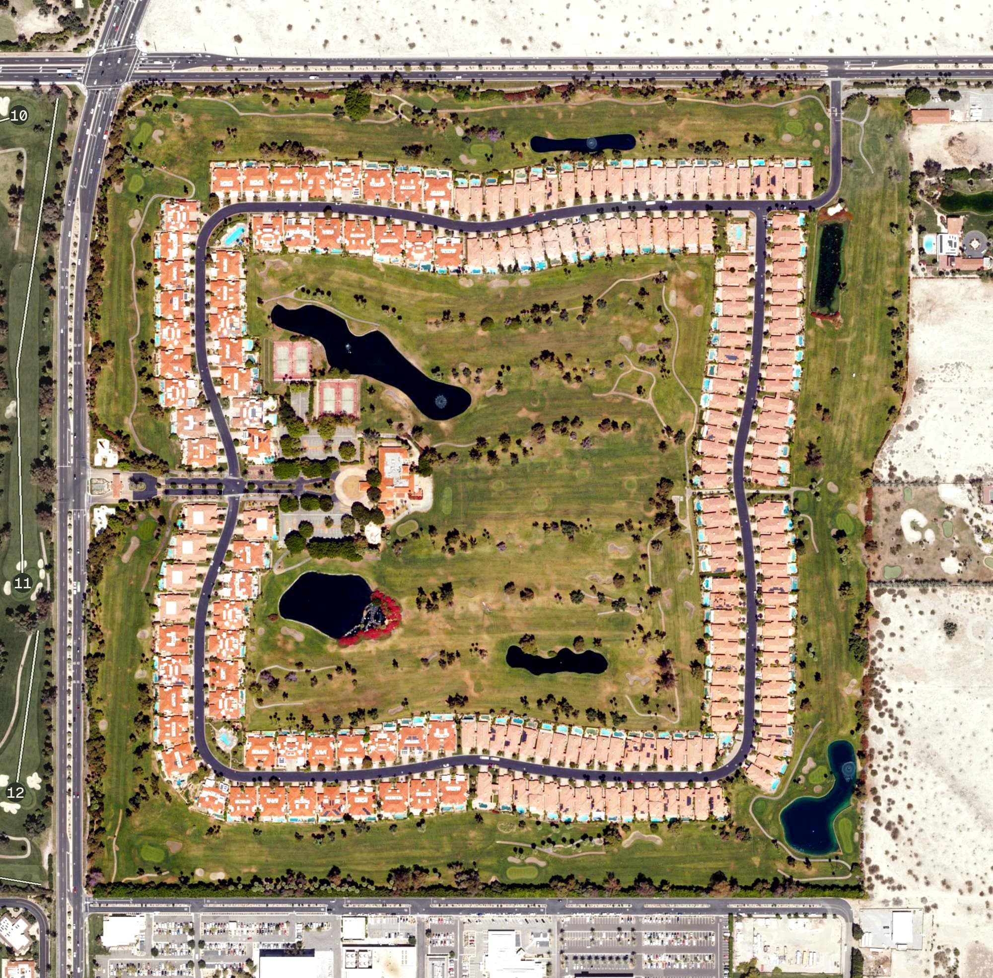 Aerial view of Rancho Mirage Country Club, CA, with its hole routing marked