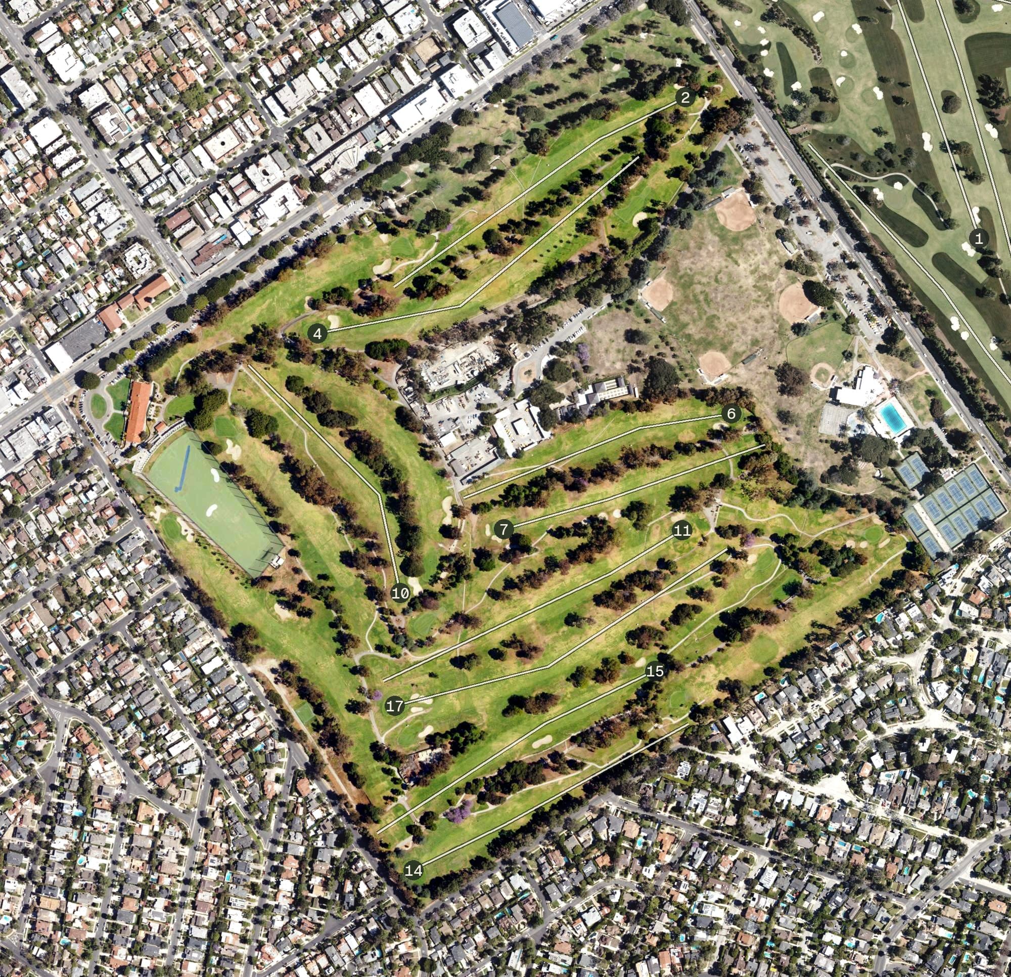 Aerial view of Rancho Park Golf Course, CA, with its hole routing marked