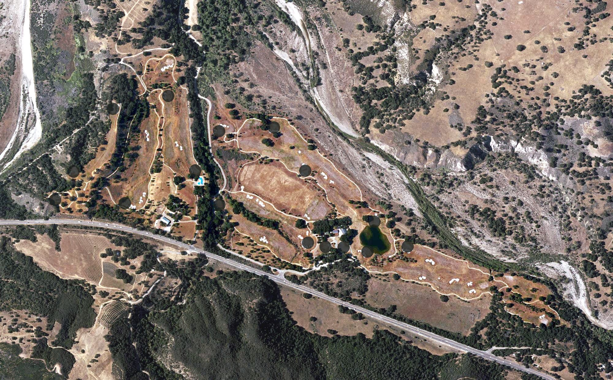 Aerial view of Rancho San Marcos Golf Course, CA, with its hole routing marked