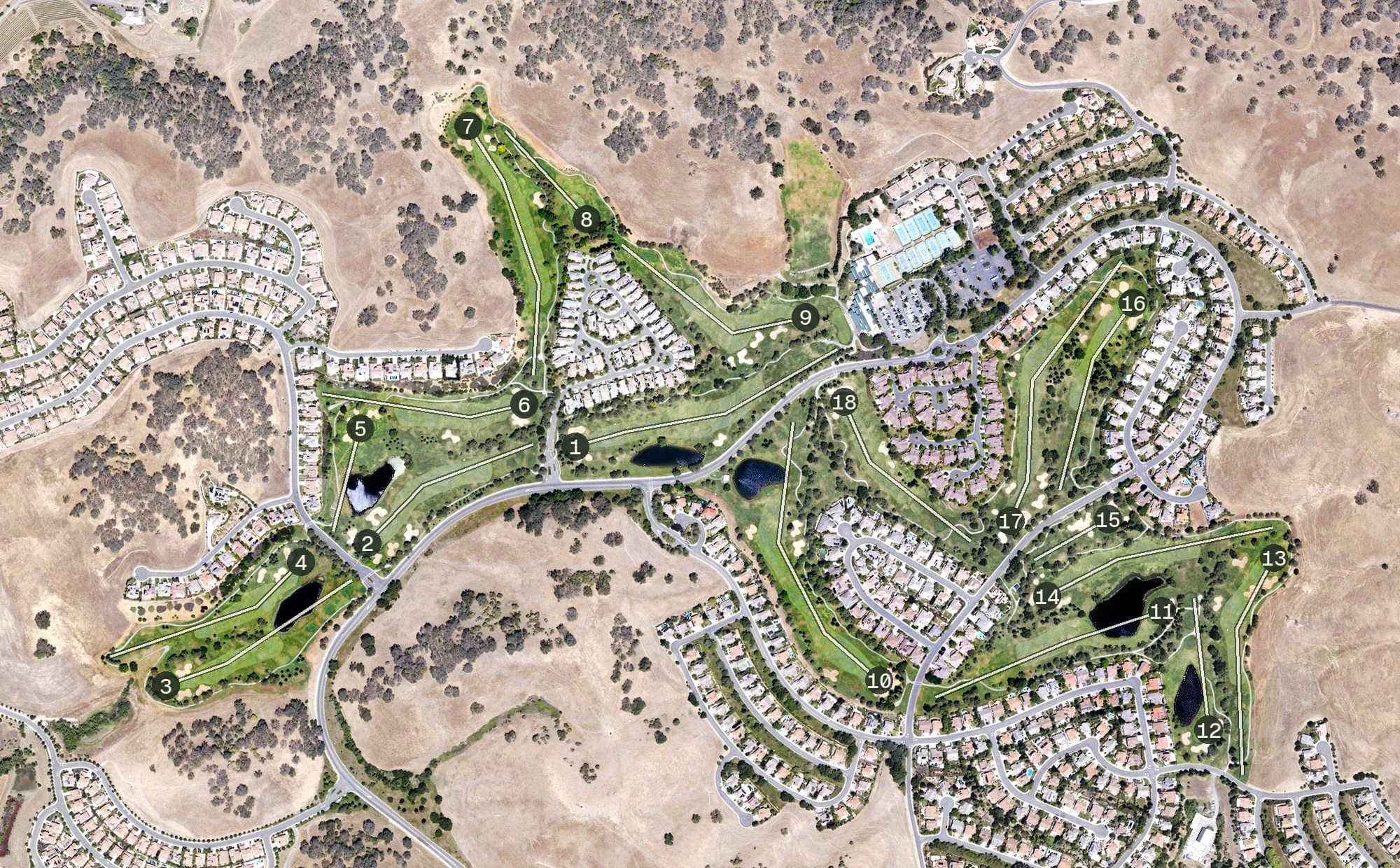 Aerial view of Rancho Solano Golf Course, CA, with its hole routing marked
