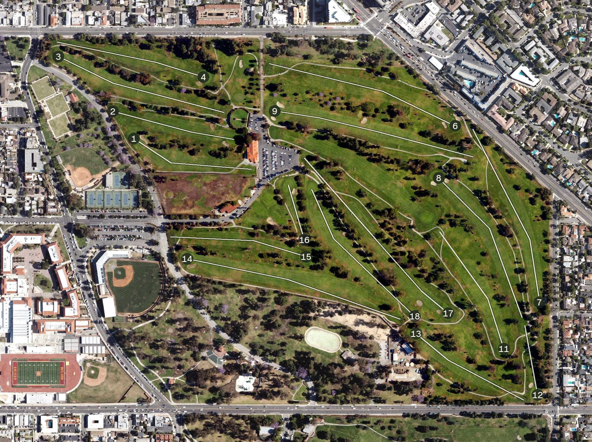 Aerial view of Recreation Park 18 Golf Course, CA, with its hole routing marked
