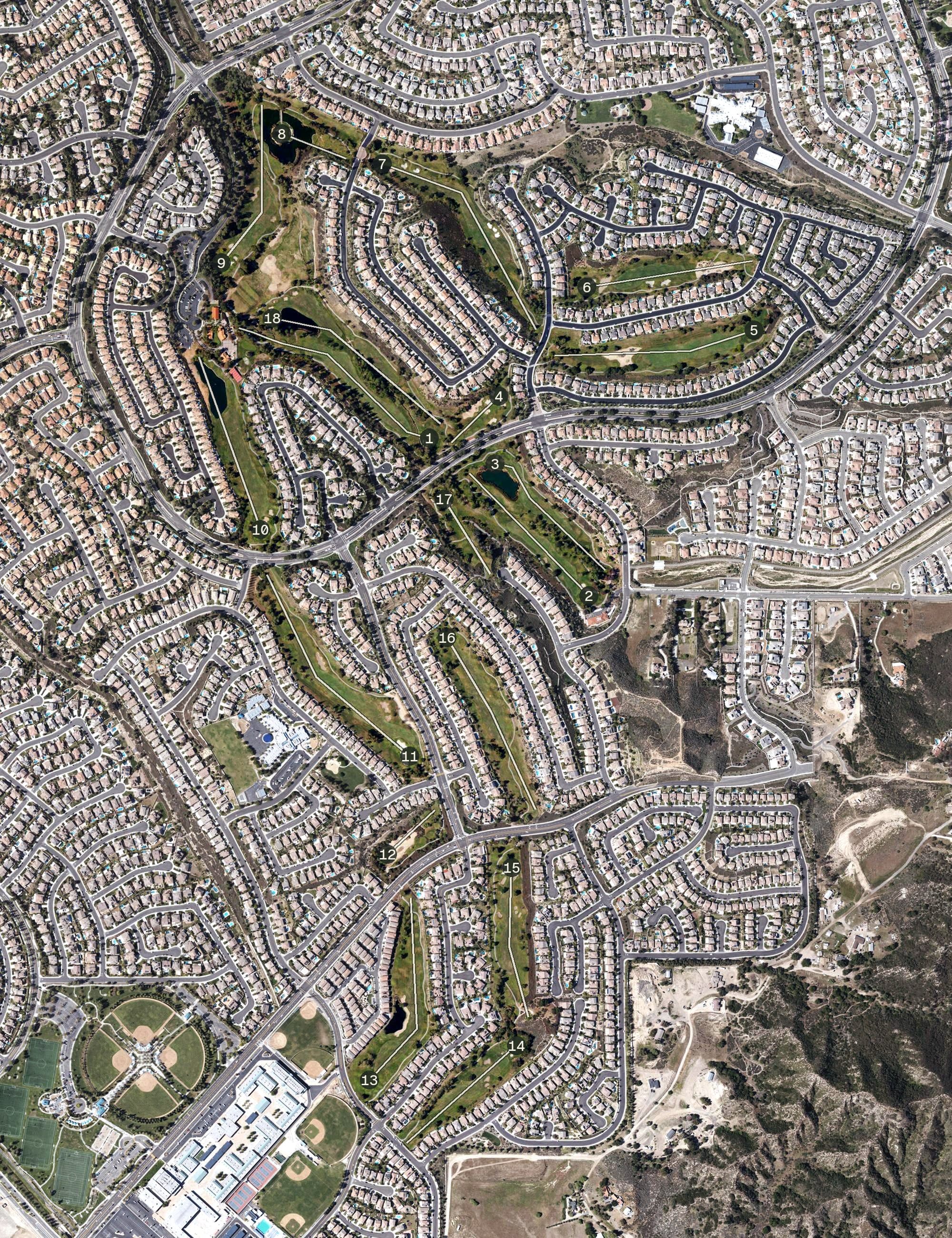 Aerial view of Redhawk Golf Club, CA, with its hole routing marked