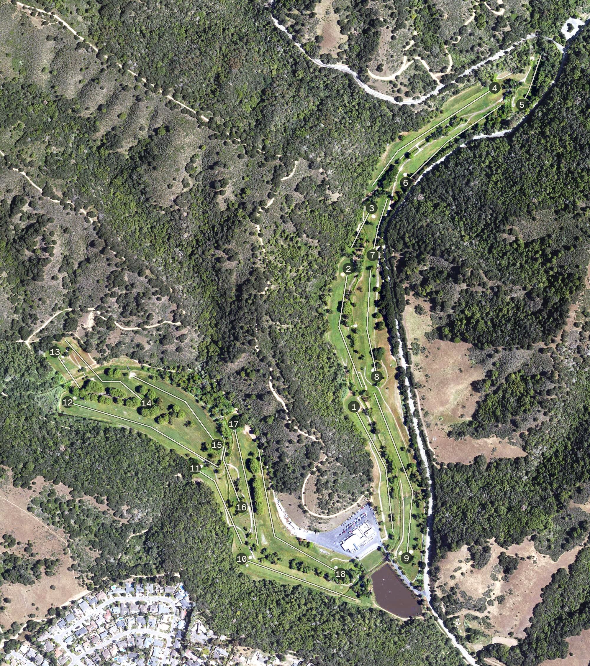 Aerial view of Redwood Canyon Golf Course, CA, with its hole routing marked