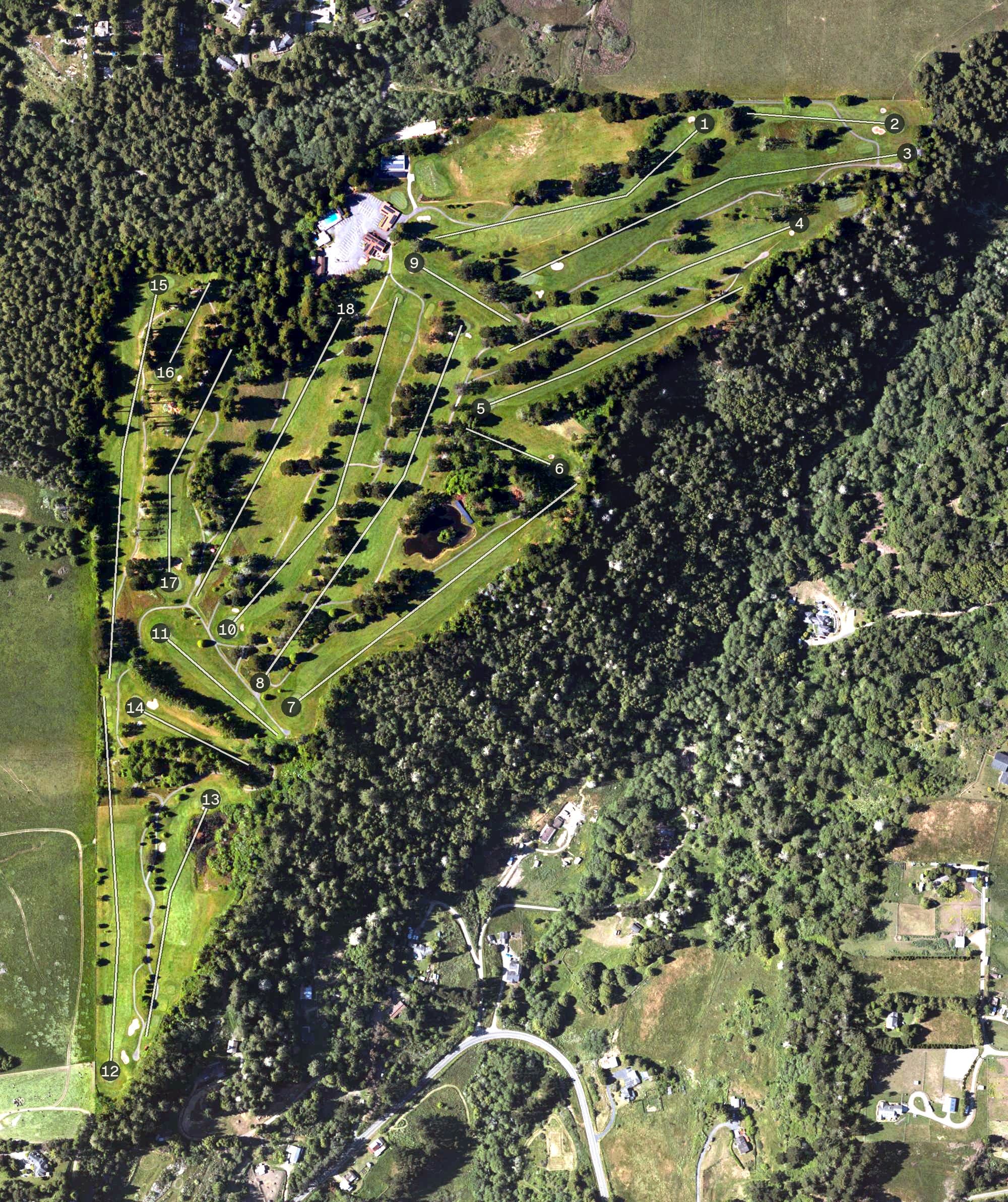 Aerial view of Redwood Empire Golf and Country Club, CA, with its hole routing marked