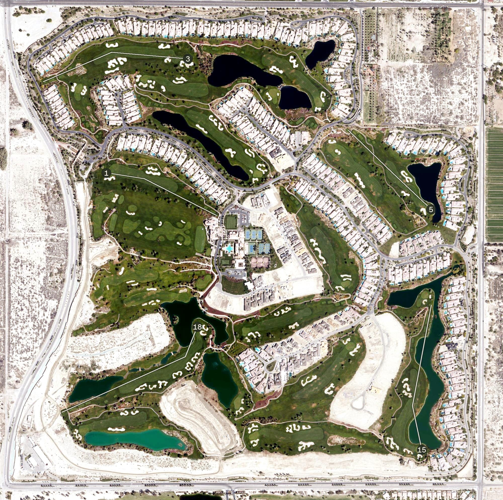 Aerial view of Rees Jones Golf Course at Andalusia Country Club, CA, with its hole routing marked