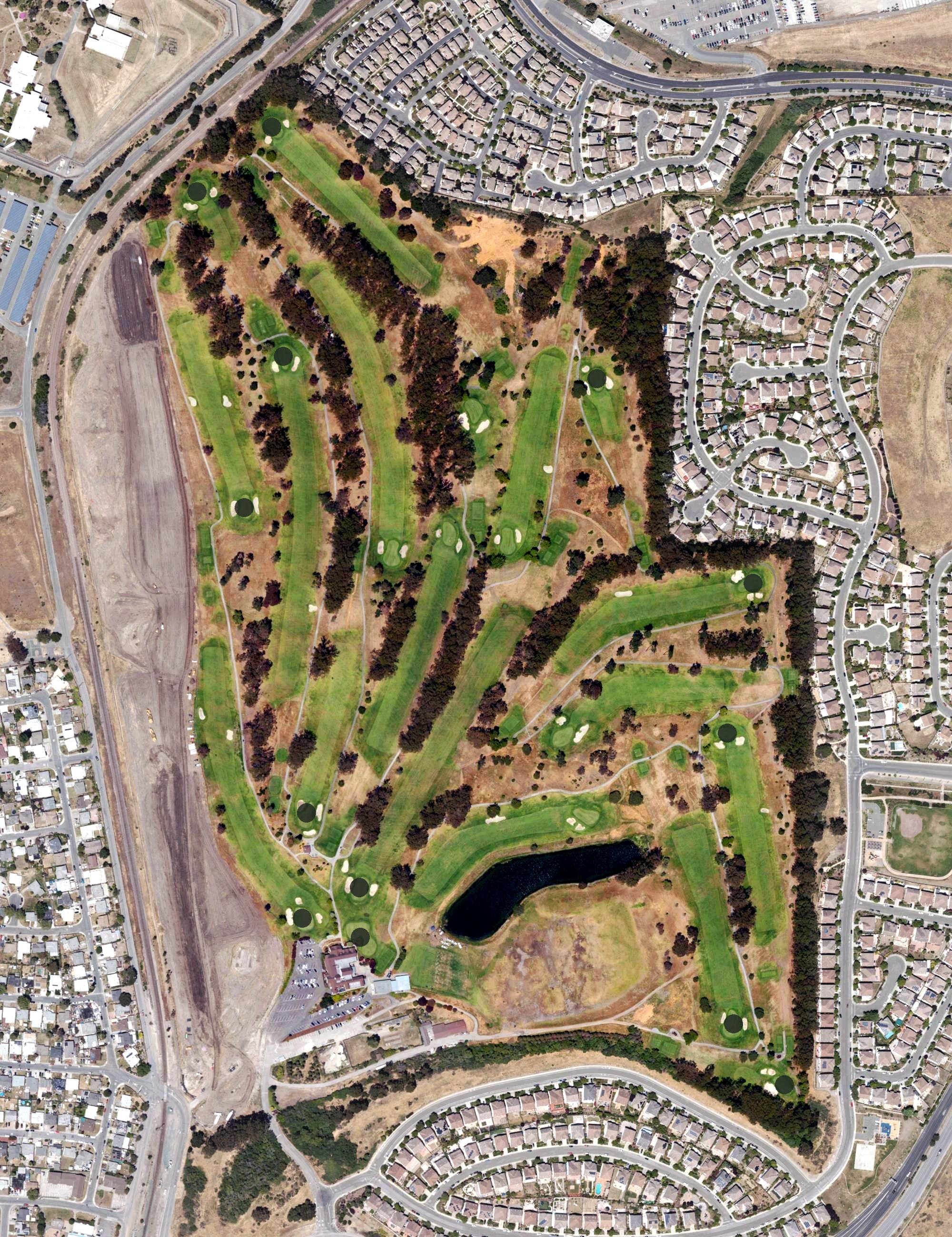 Aerial view of Richmond Country Club, CA, with its hole routing marked