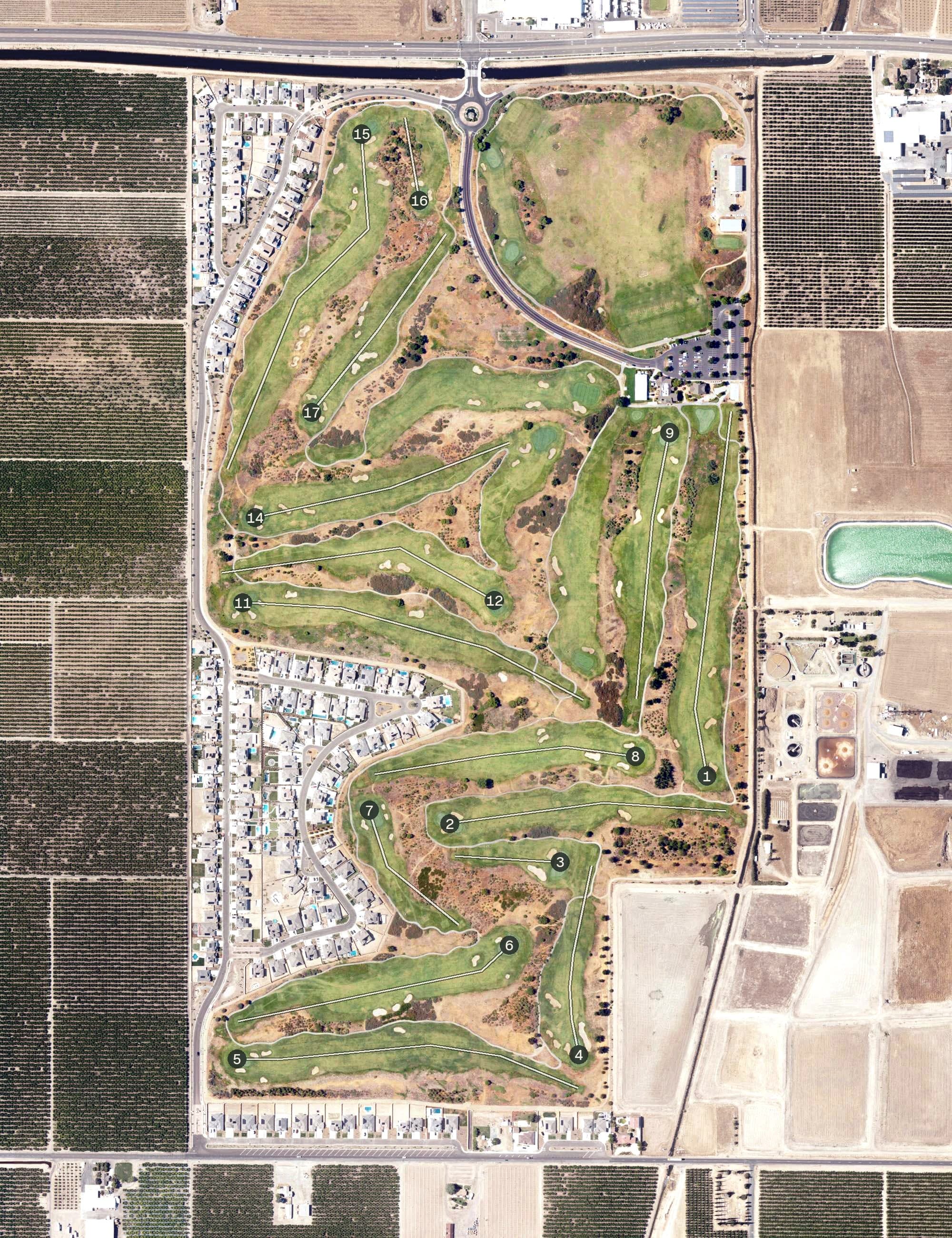 Aerial view of Ridge Creek Dinuba Golf Club, CA, with its hole routing marked