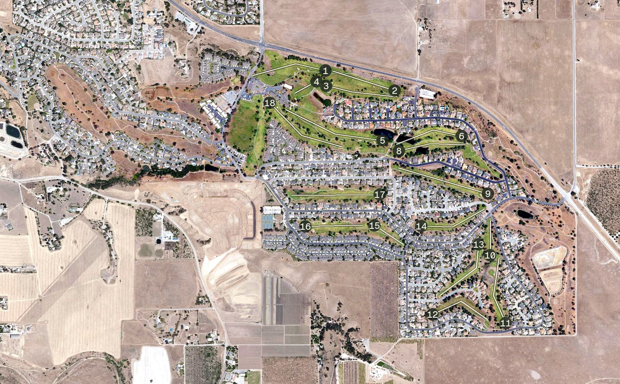 Aerial view of Ridgemark Golf & Country Club, CA, with its hole routing marked