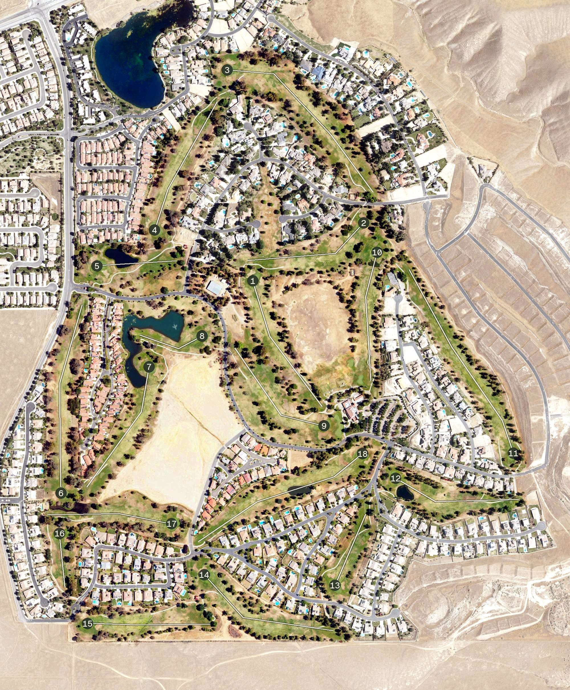 Aerial view of Rio Bravo Country Club, CA, with its hole routing marked