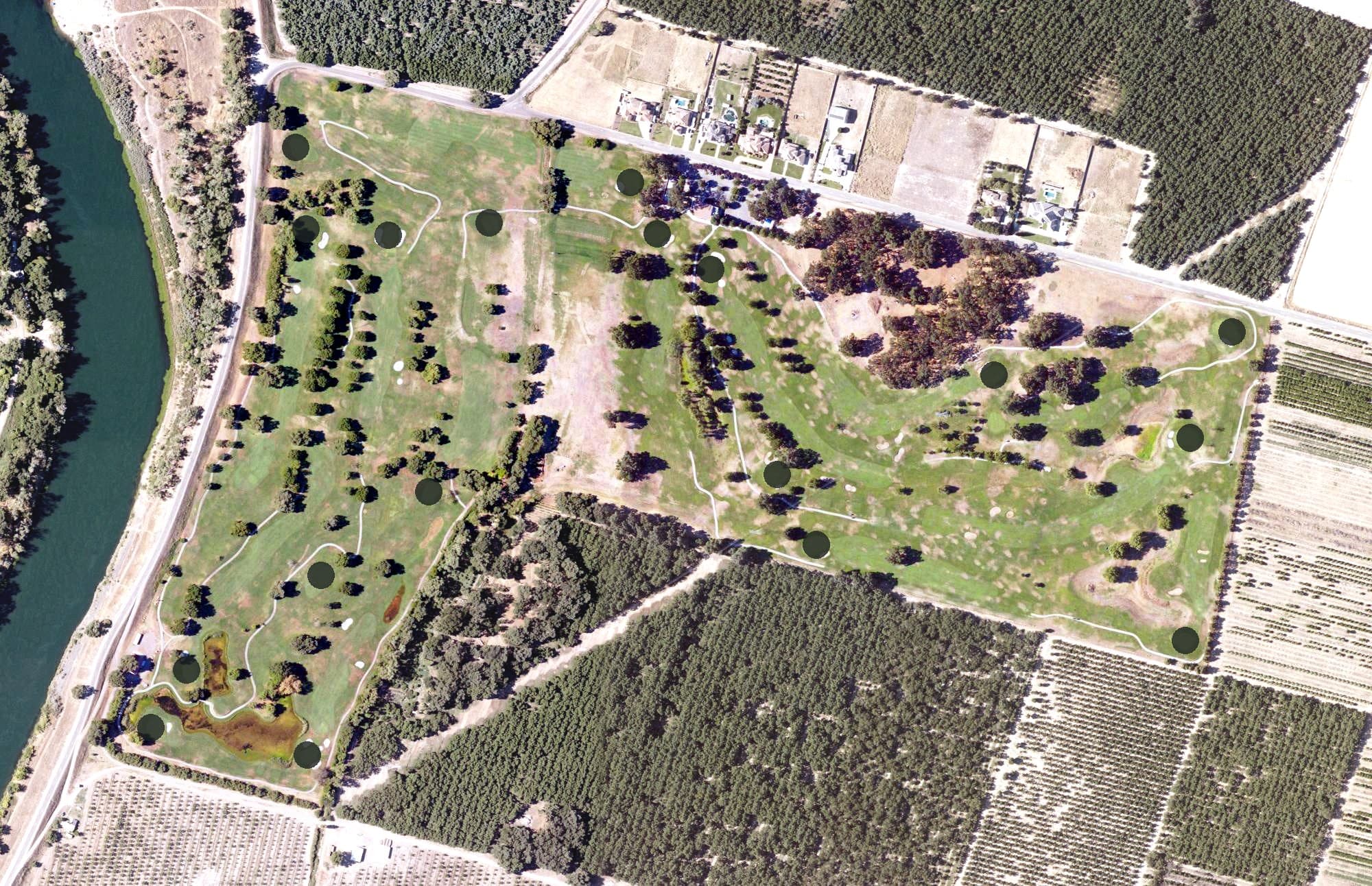 Aerial view of River Oaks Golf Club, CA, with its hole routing marked