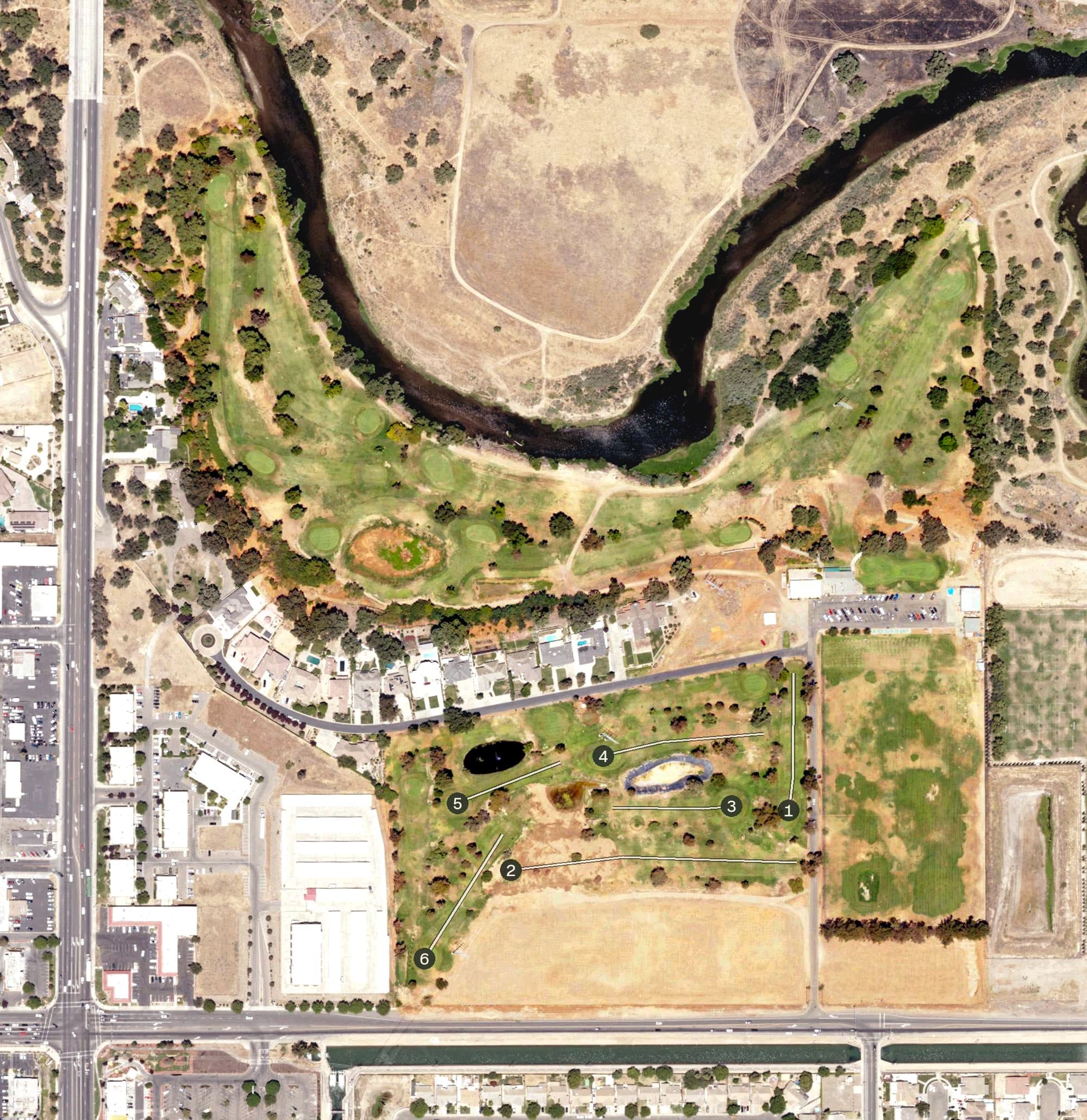 Aerial view of River Oaks Golf Course, CA, with its hole routing marked