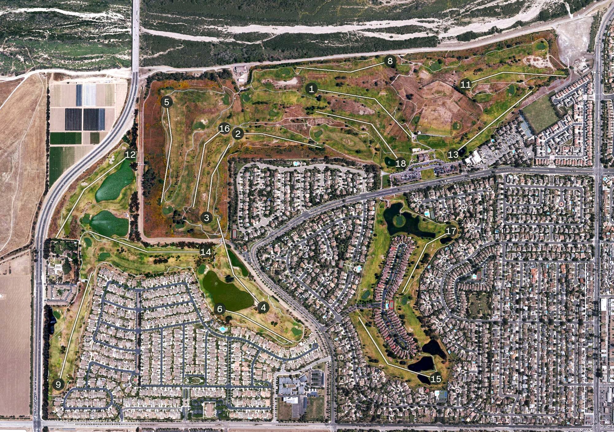 Aerial view of River Ridge Golf Club, CA, with its hole routing marked
