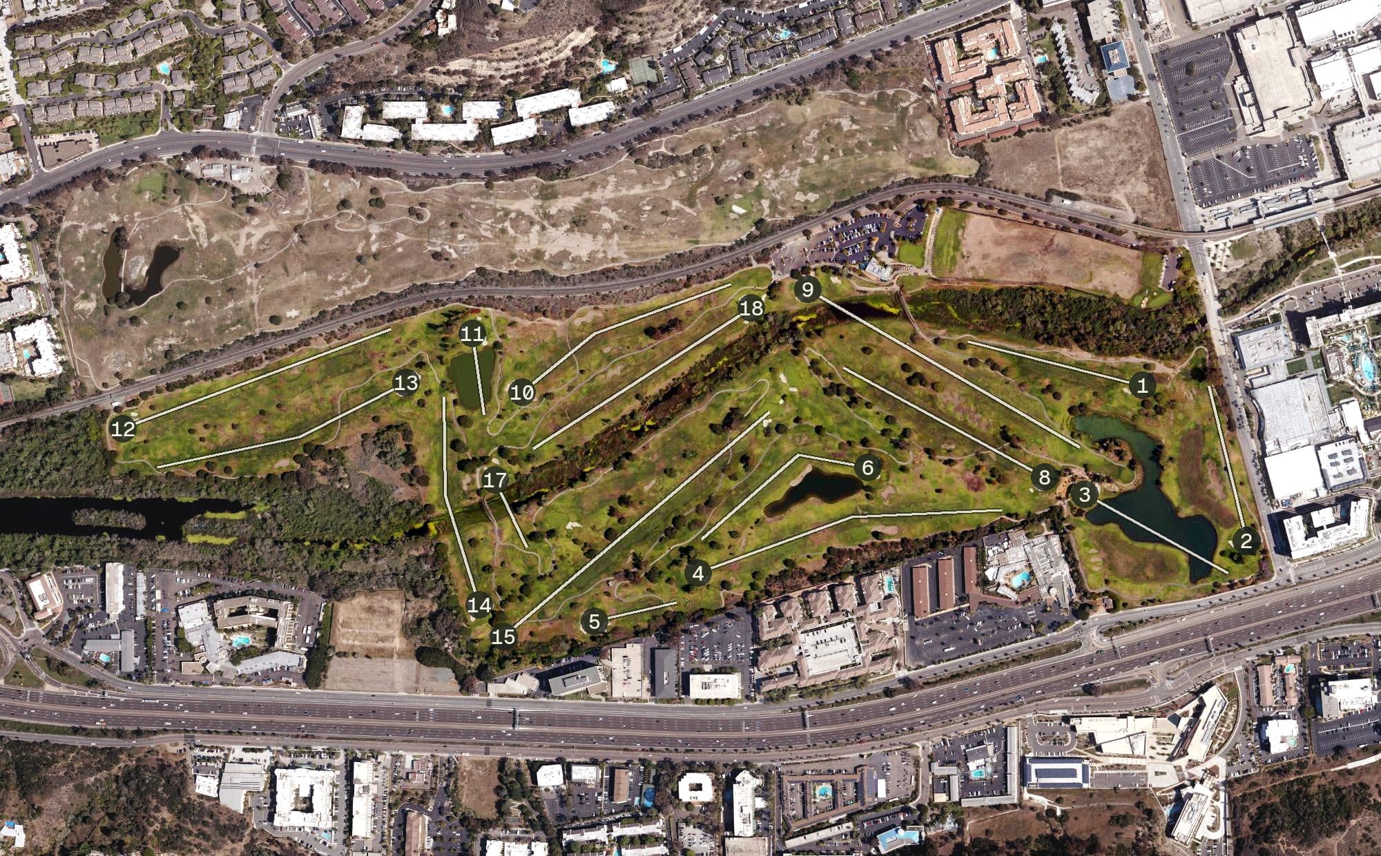 Aerial view of Riverwalk Golf Club, CA, with its hole routing marked