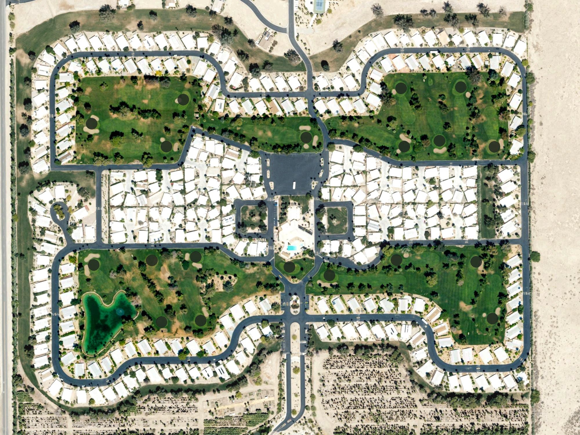 Aerial view of RoadRunner Golf & Country Club (Borrego), CA, with its hole routing marked