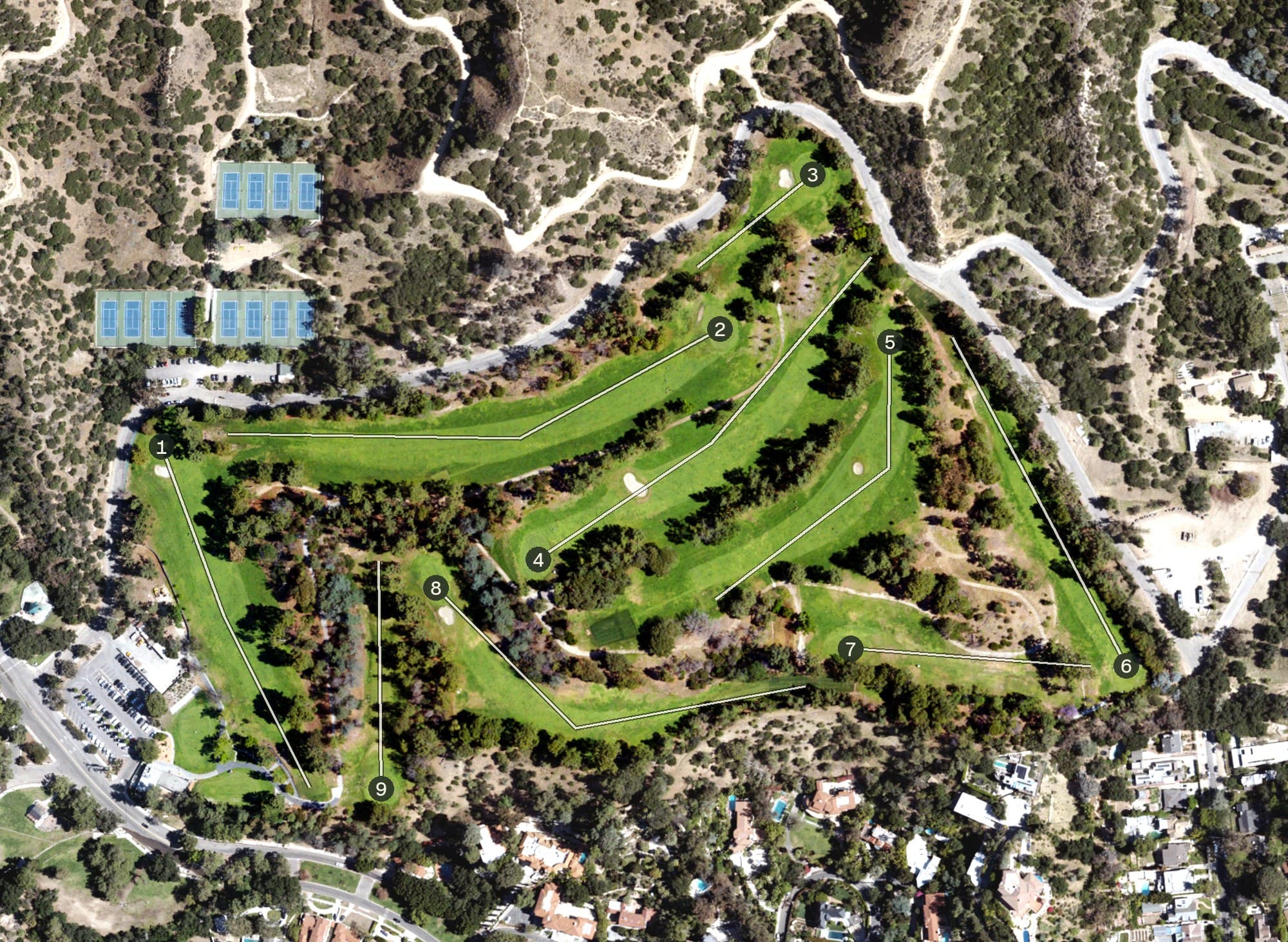 Aerial view of Roosevelt Municipal Golf Course, CA, with its hole routing marked