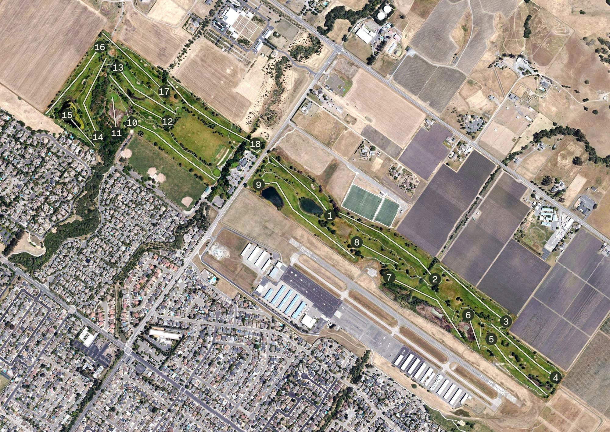 Aerial view of Rooster Run Golf Club, CA, with its hole routing marked