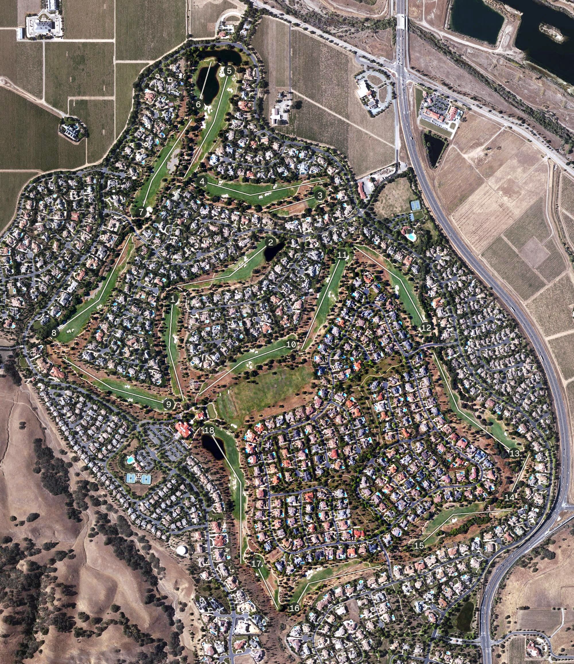 Aerial view of Ruby Hill Country Club, CA, with its hole routing marked