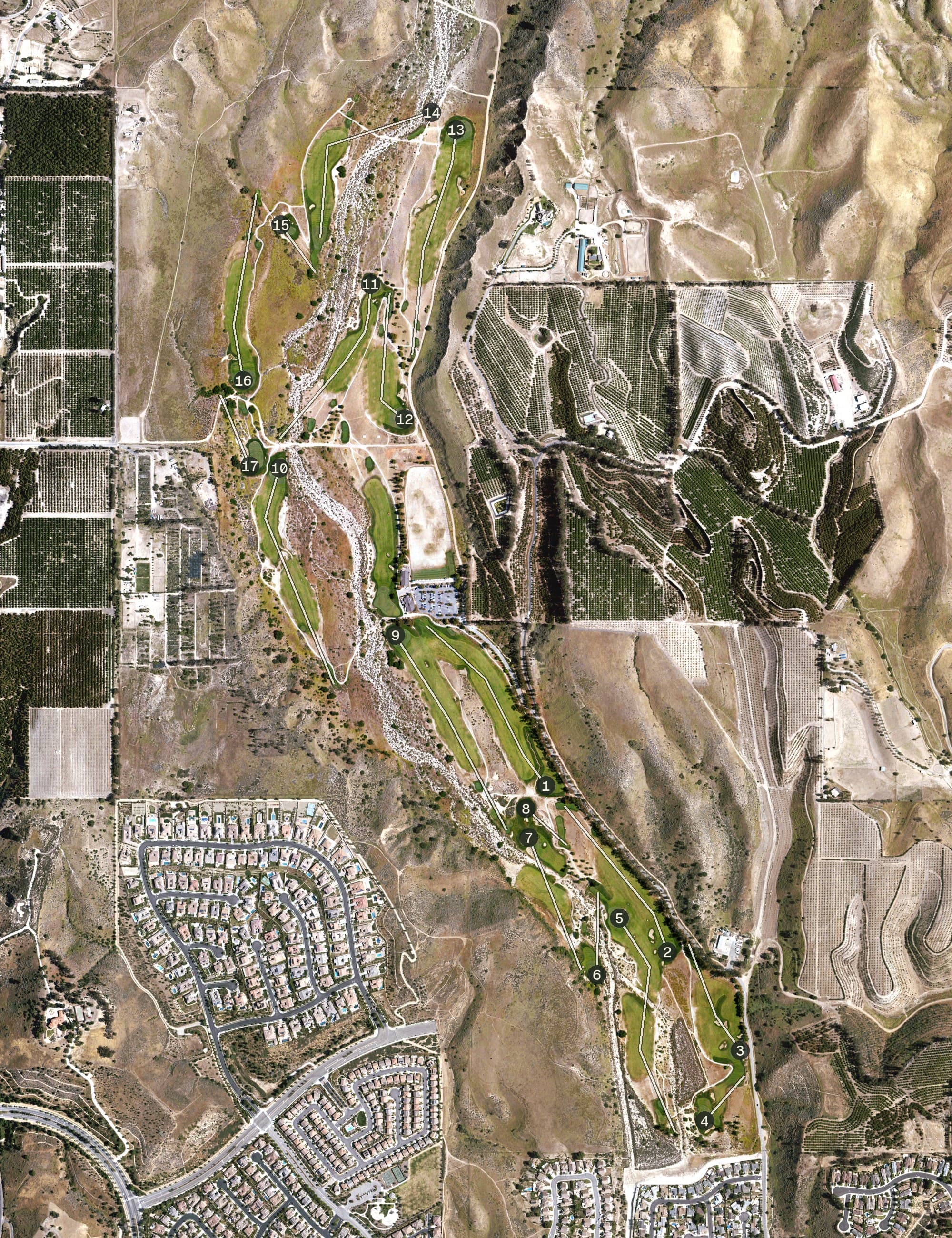 Aerial view of Rustic Canyon Golf Course, CA, with its hole routing marked
