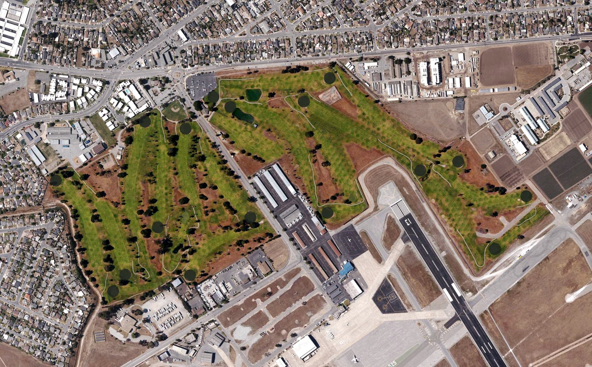 Aerial view of Salinas Fairways Golf Course, CA, with its hole routing marked