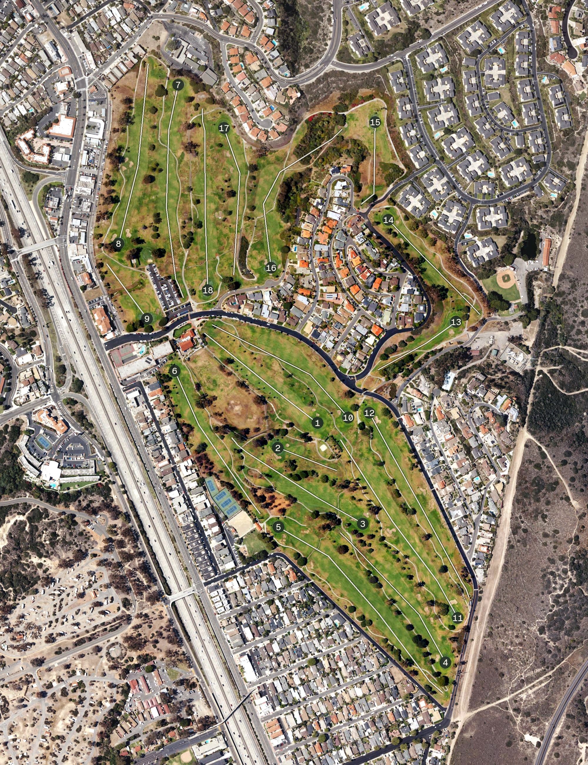 Aerial view of San Clemente Municipal Golf Course, CA, with its hole routing marked