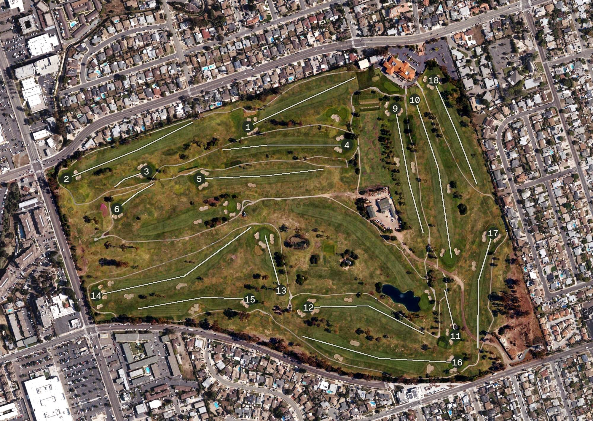 Aerial view of San Diego Country Club, CA, with its hole routing marked
