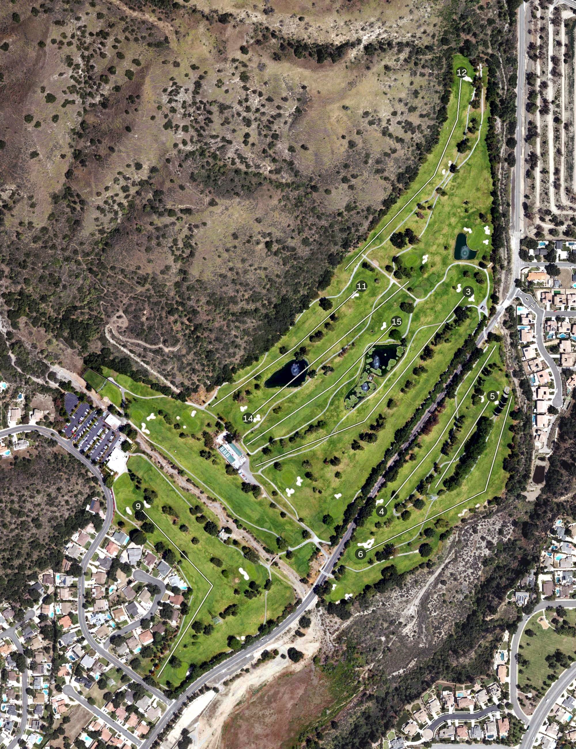 Aerial view of San Dimas Canyon Golf Course, CA, with its hole routing marked
