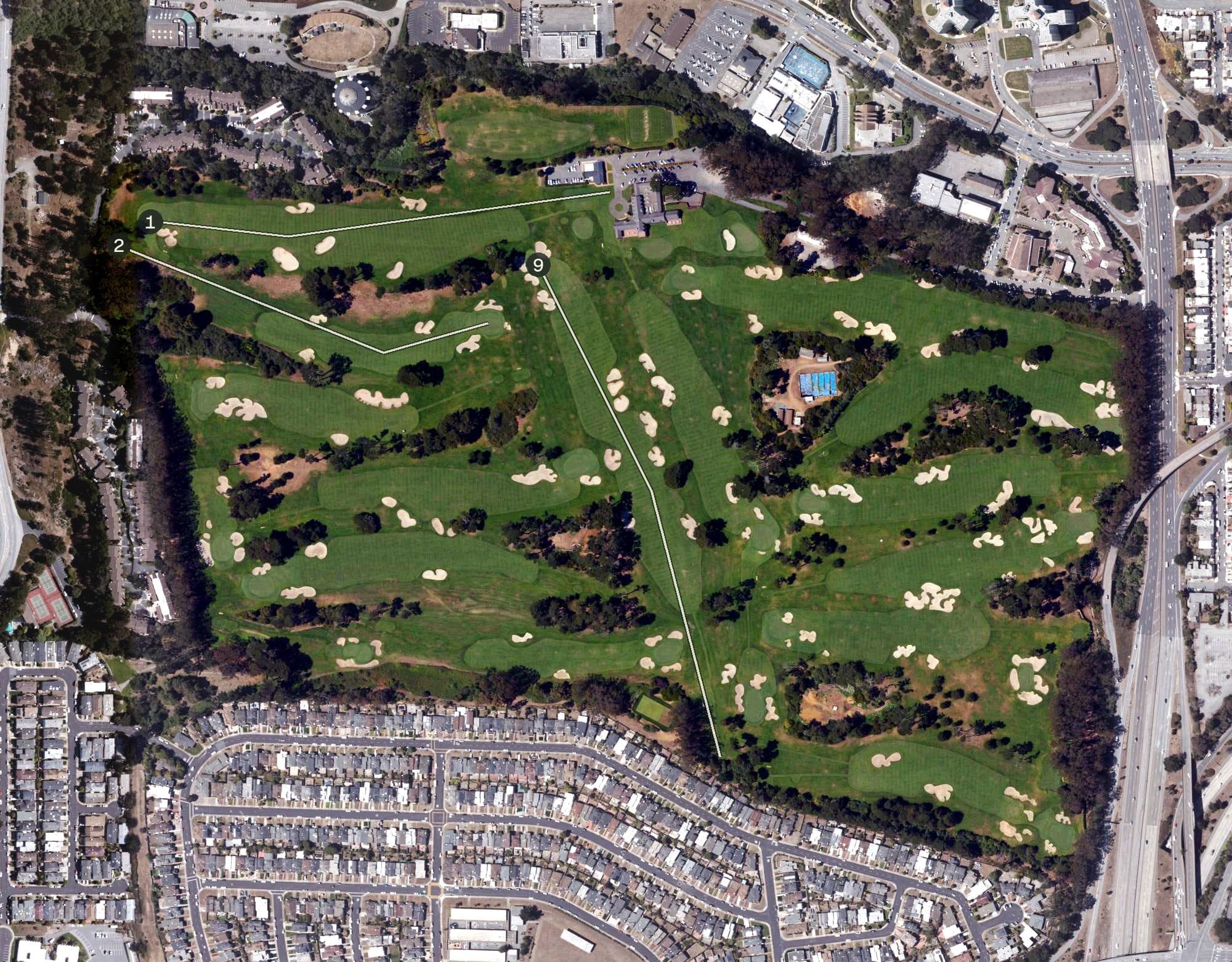 Aerial view of San Francisco Golf Club, CA, with its hole routing marked