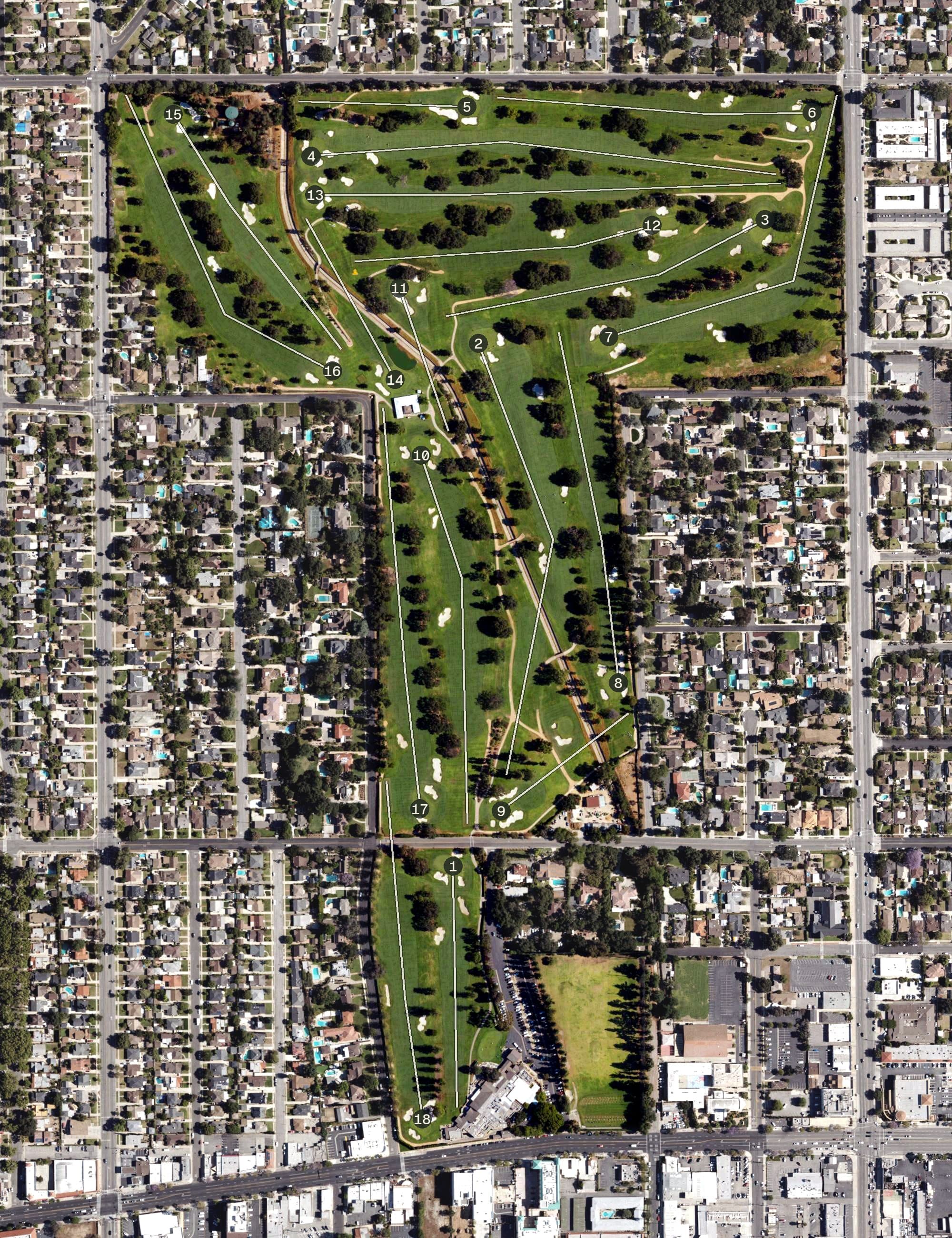 Aerial view of San Gabriel Country Club, CA, with its hole routing marked