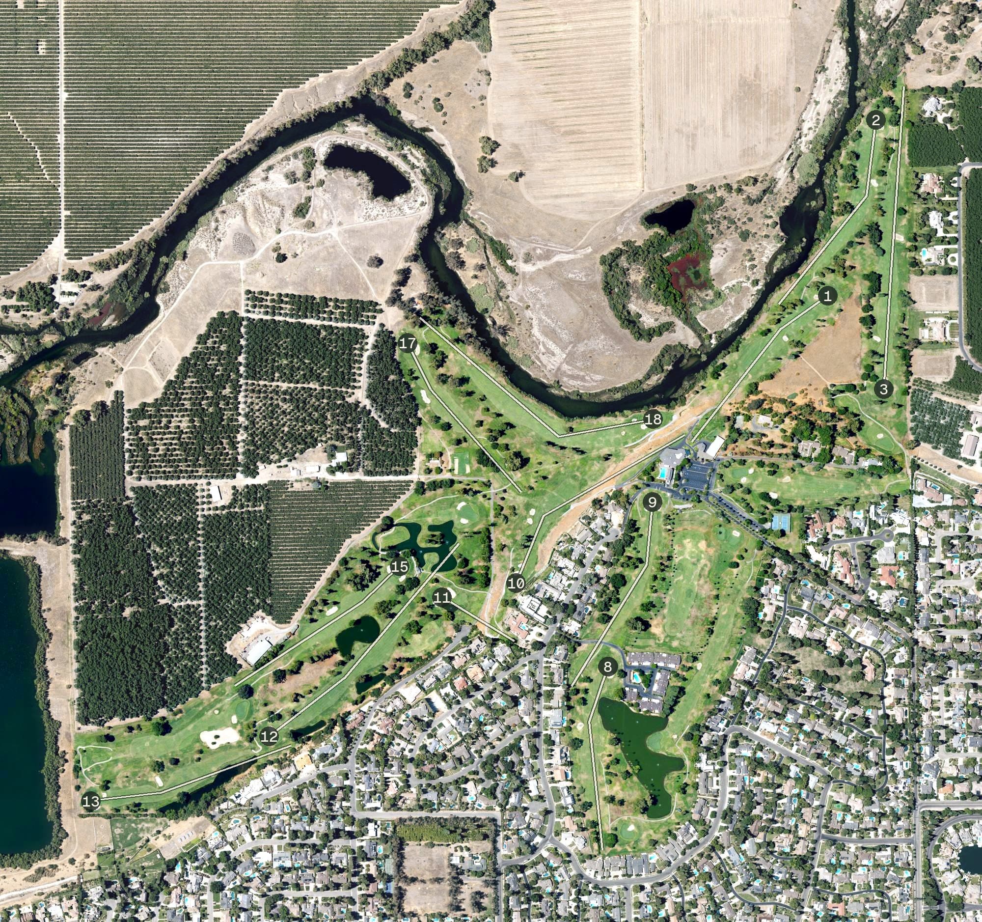 Aerial view of San Joaquin Country Club, CA, with its hole routing marked