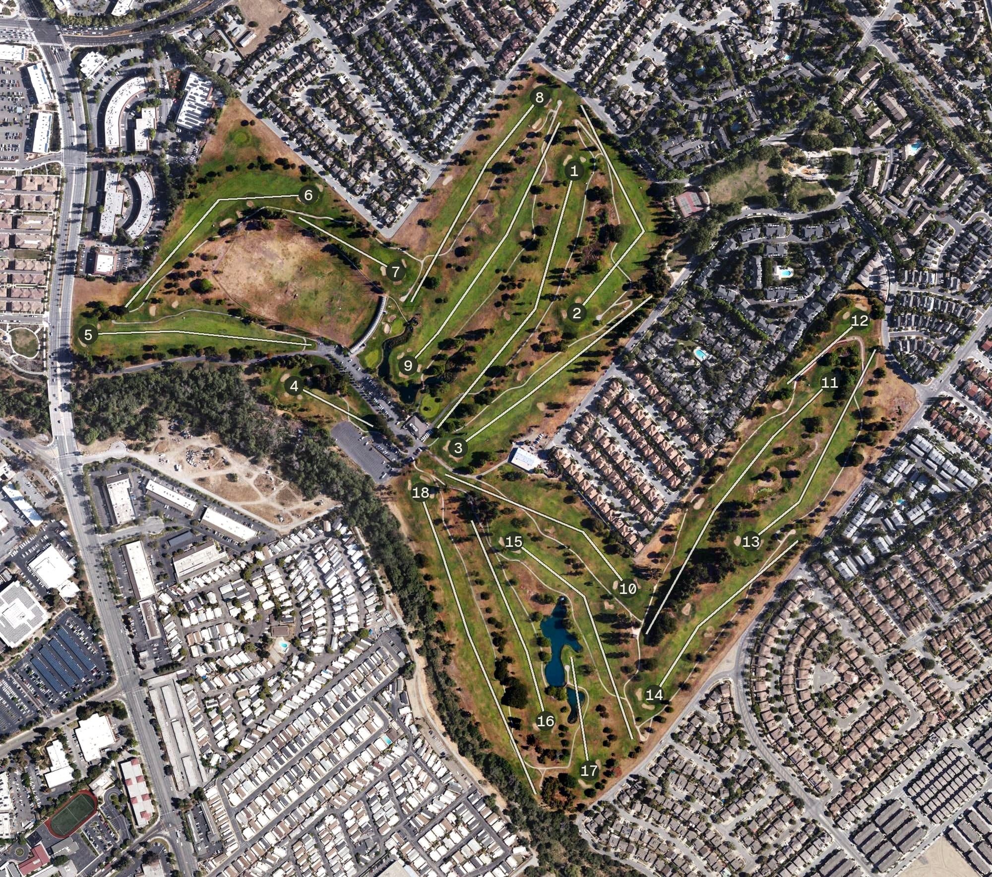 Aerial view of San Jose Municipal Golf Course, CA, with its hole routing marked