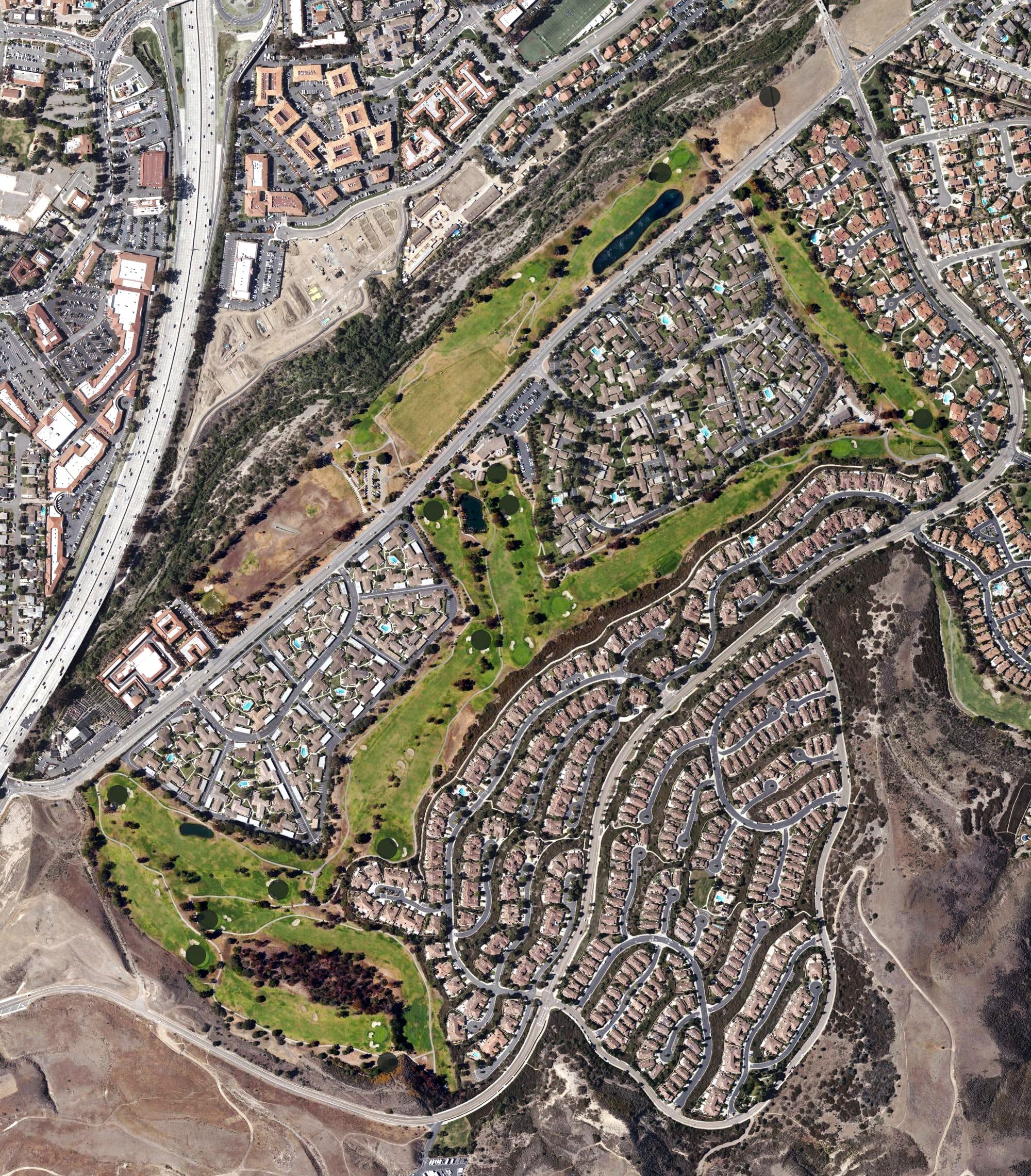 Aerial view of San Juan Hills Golf Club, CA, with its hole routing marked