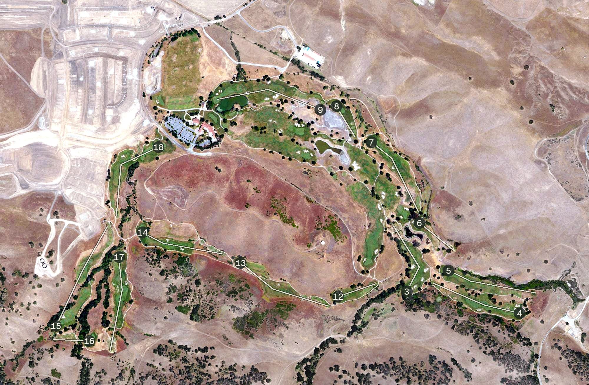 Aerial view of San Juan Oaks Golf Club, CA, with its hole routing marked