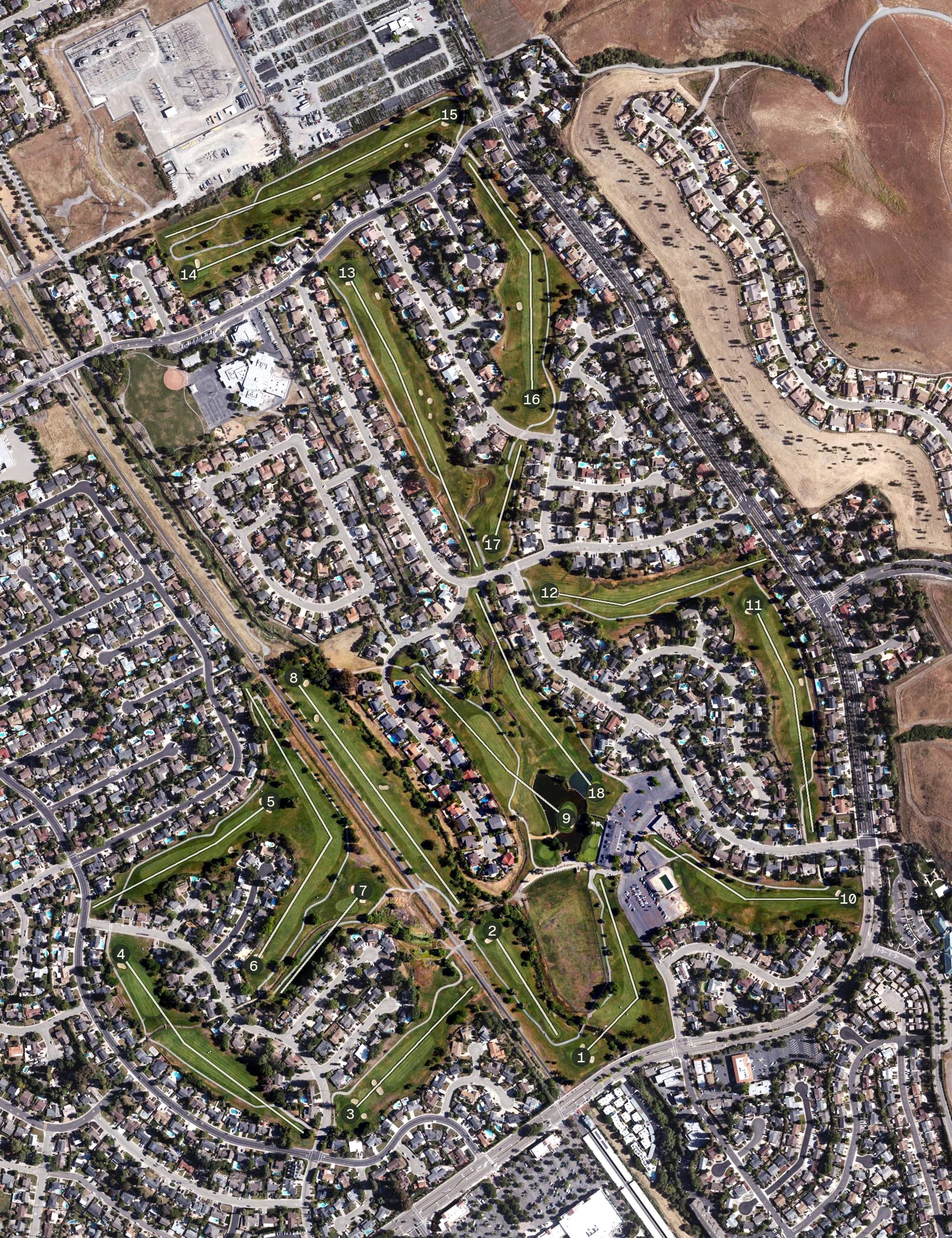 Aerial view of San Ramon Golf Club, CA, with its hole routing marked