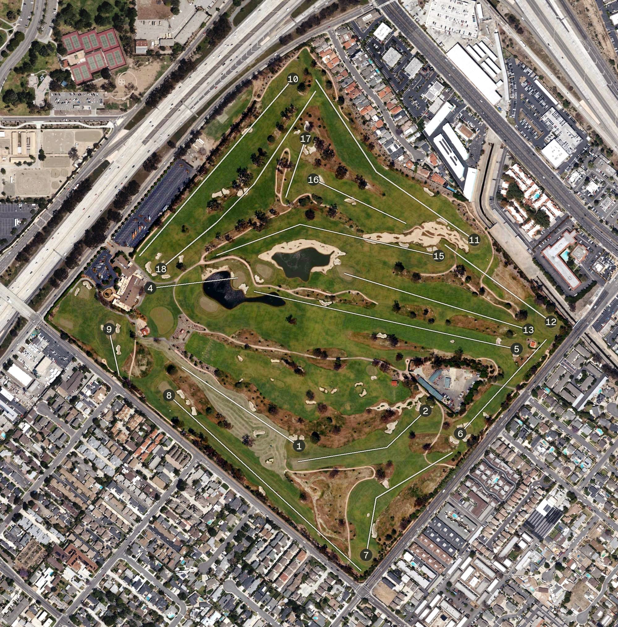 Aerial view of Santa Ana Country Club, CA, with its hole routing marked