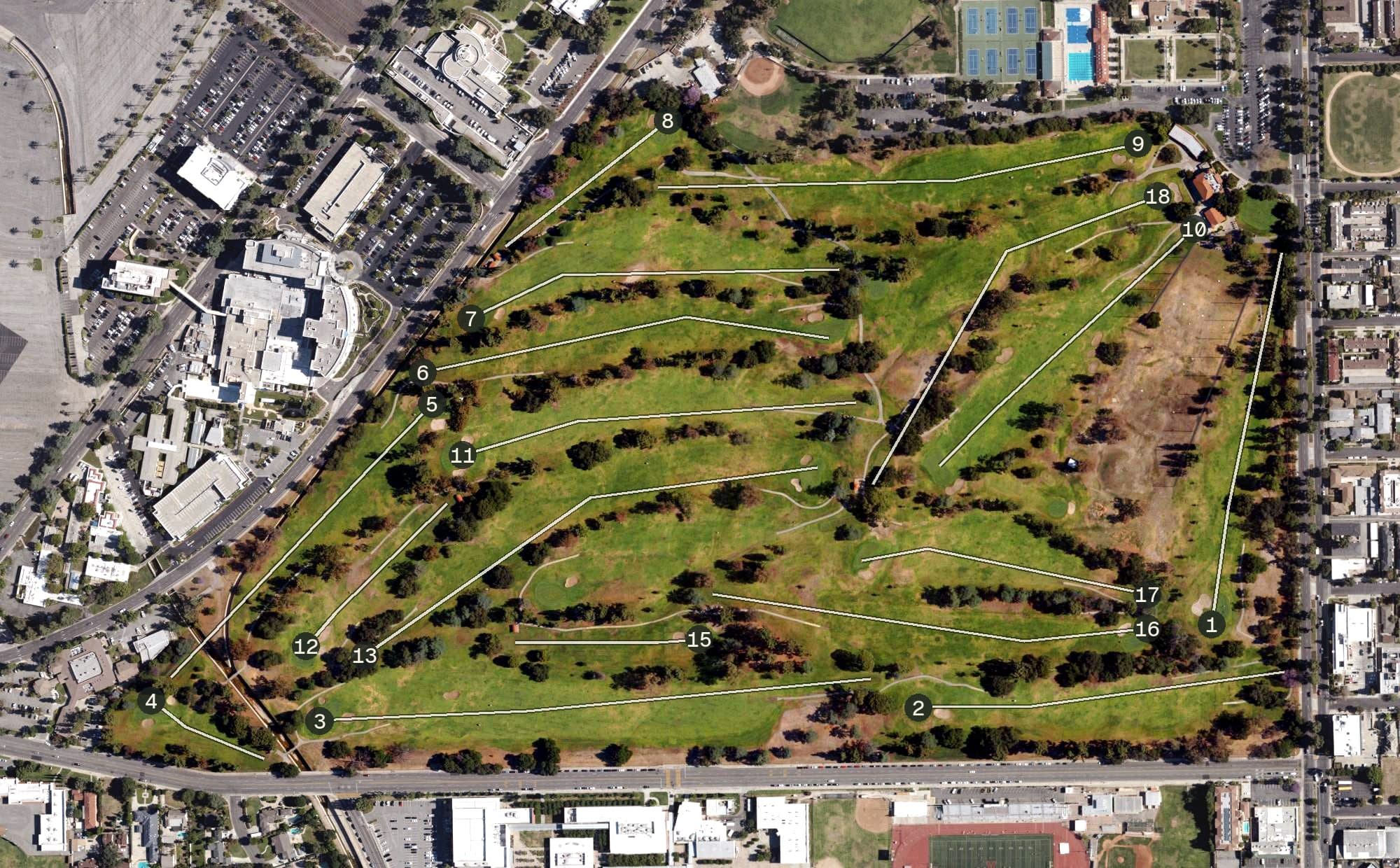 Aerial view of Santa Anita Golf Course, CA, with its hole routing marked