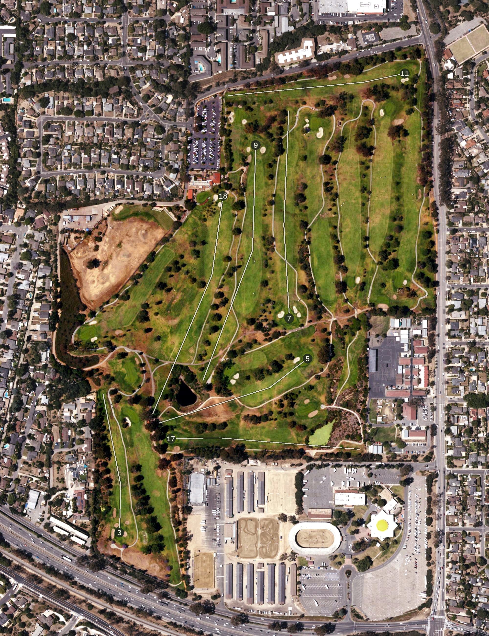 Aerial view of Santa Barbara Golf Course, CA, with its hole routing marked
