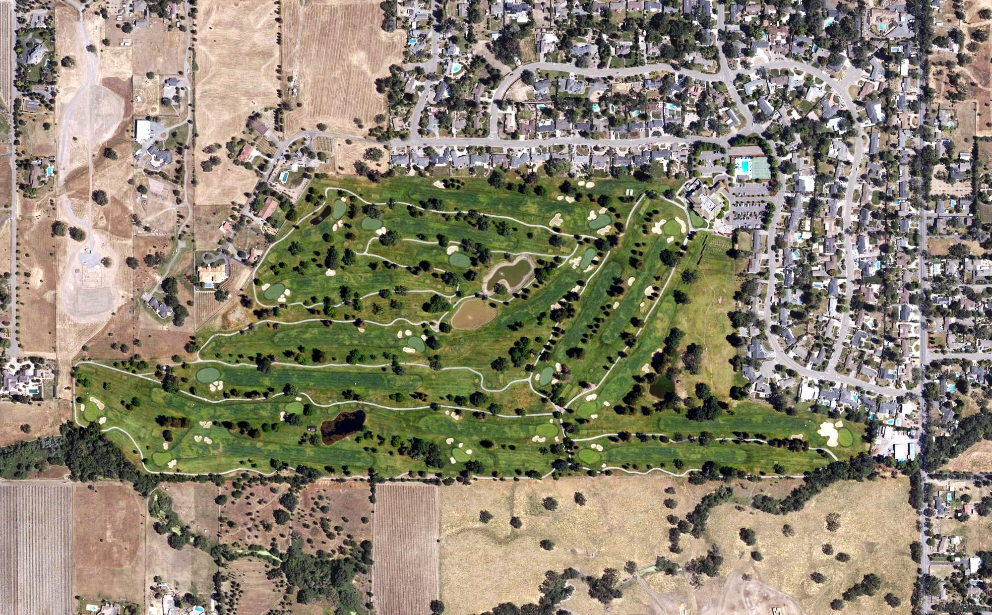 Aerial view of Santa Rosa Golf & Country Club, CA, with its hole routing marked