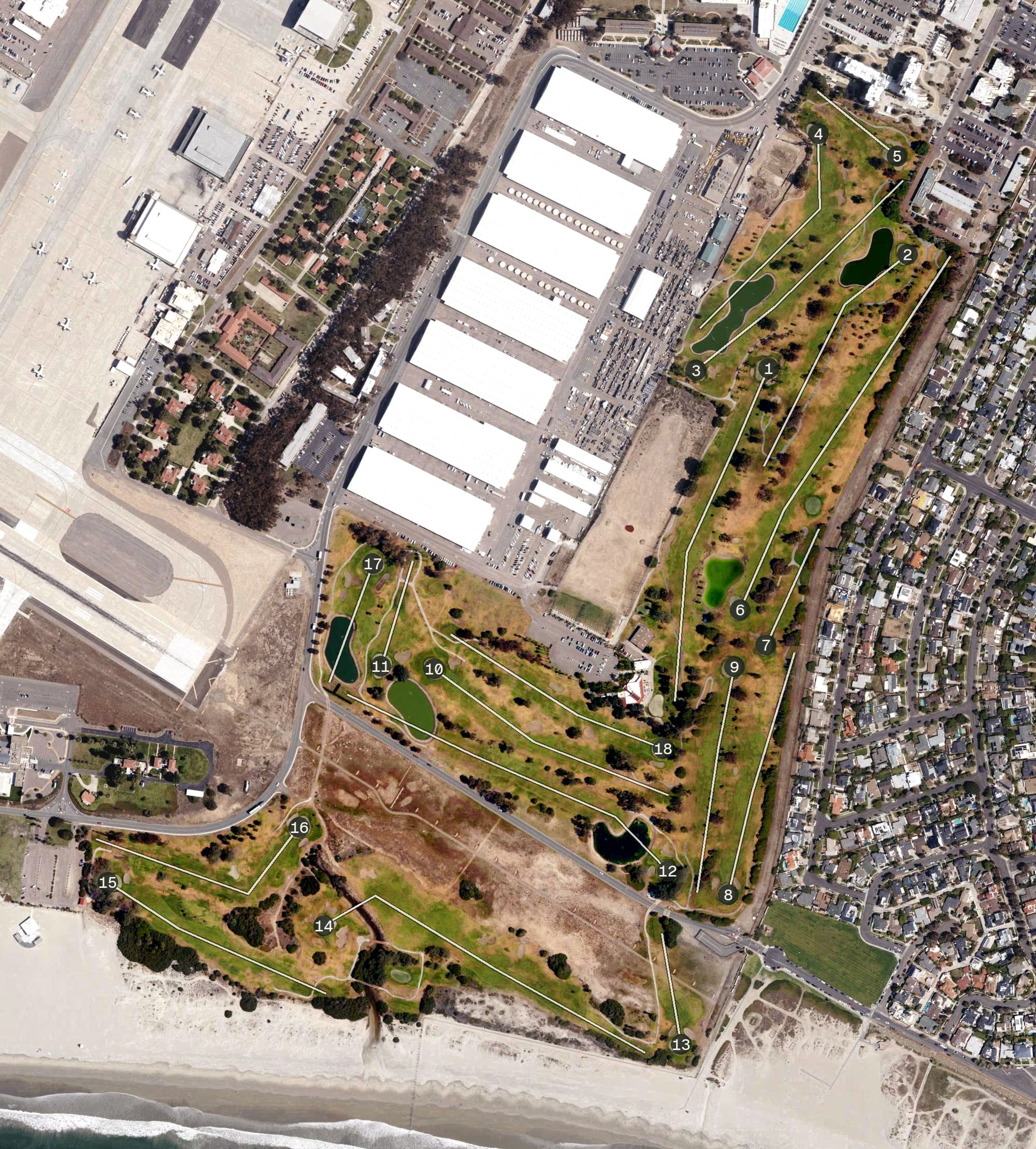 Aerial view of Sea 'N Air Golf Club, CA, with its hole routing marked