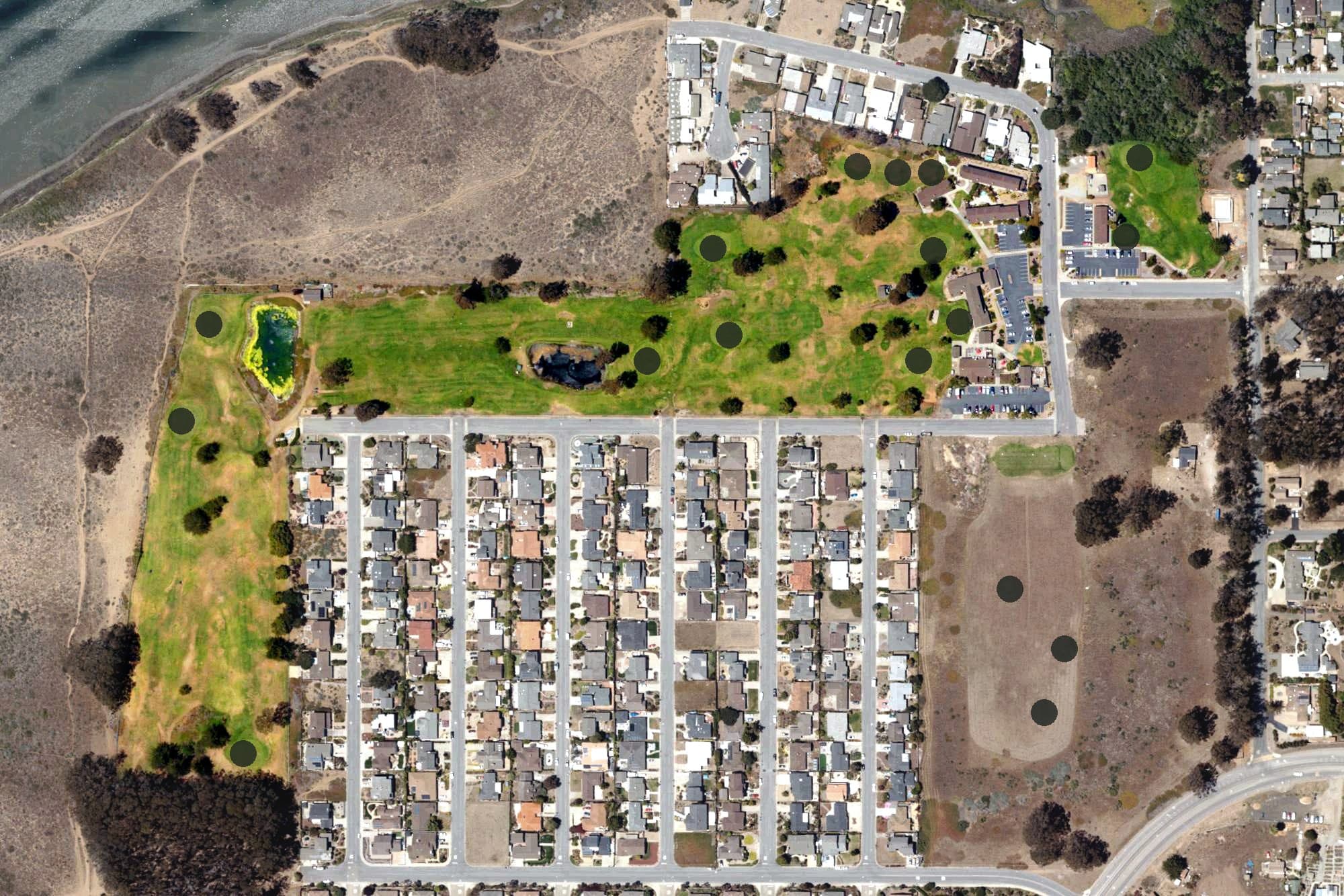 Aerial view of Sea Pines Golf Course, CA, with its hole routing marked