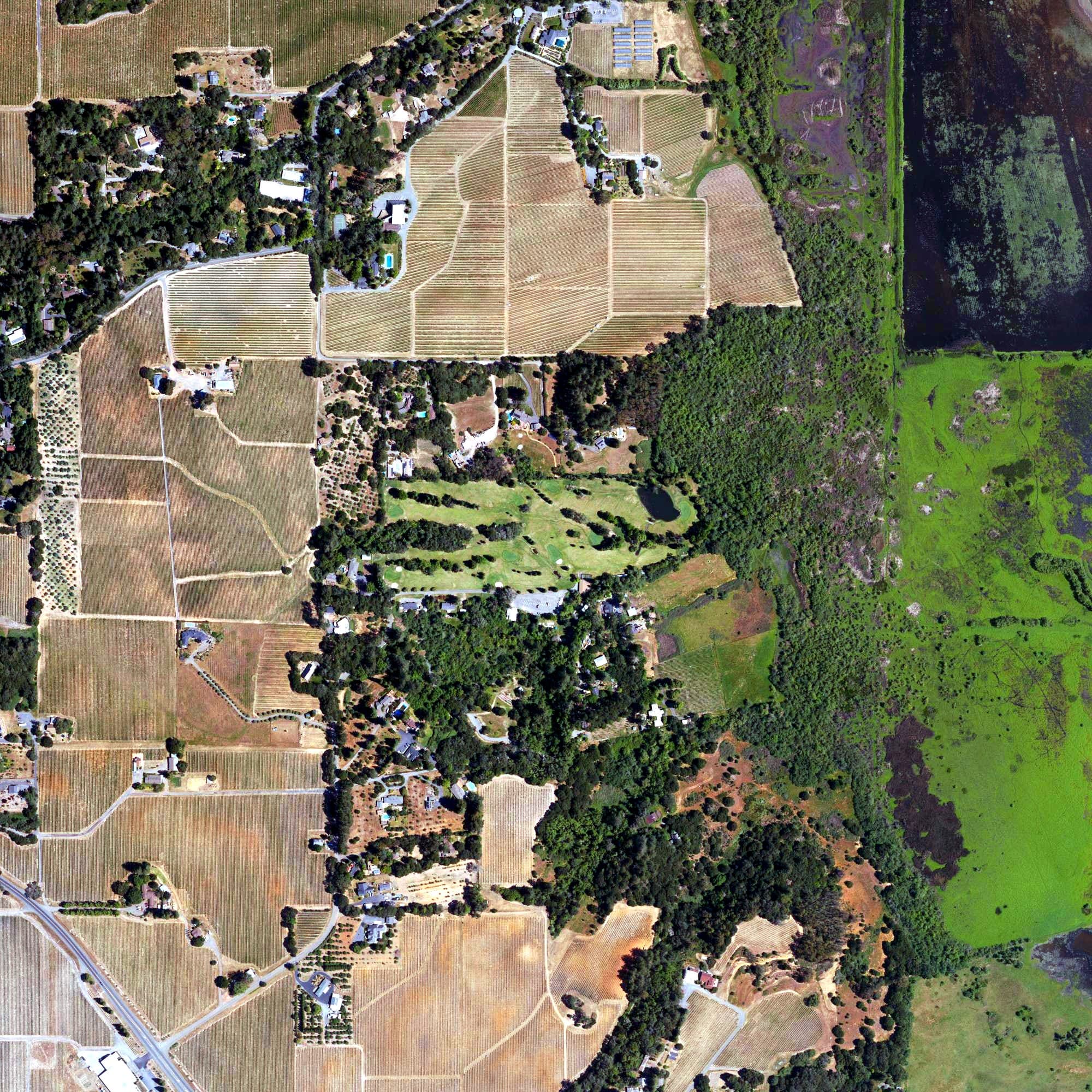 Aerial view of Sebastopol Golf Course, CA, with its hole routing marked