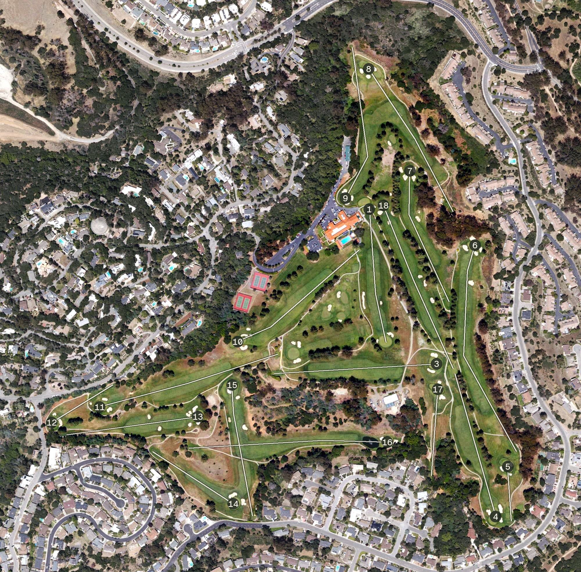 Aerial view of Sequoyah Country Club, CA, with its hole routing marked
