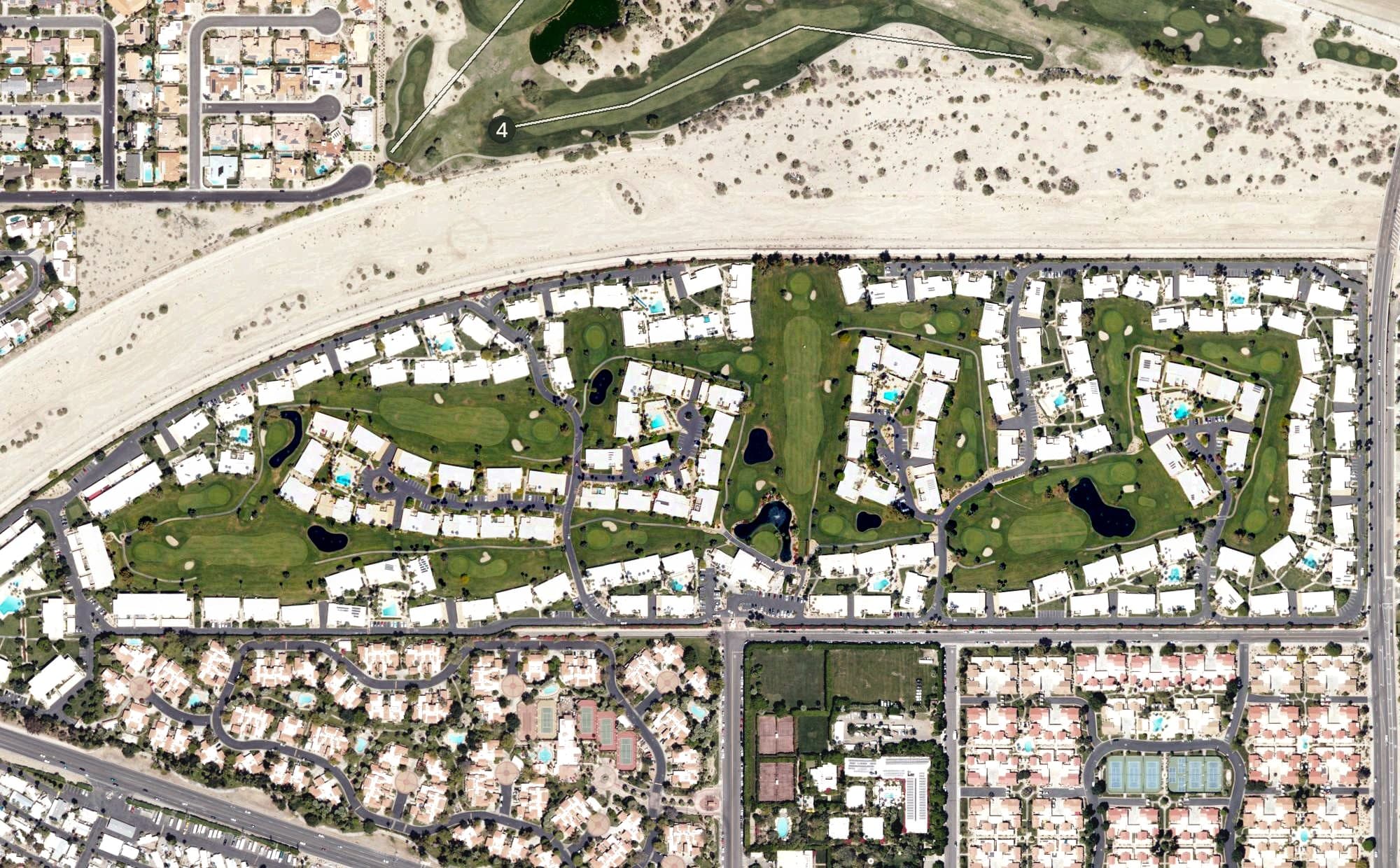 Aerial view of Seven Lakes Country Club, CA, with its hole routing marked
