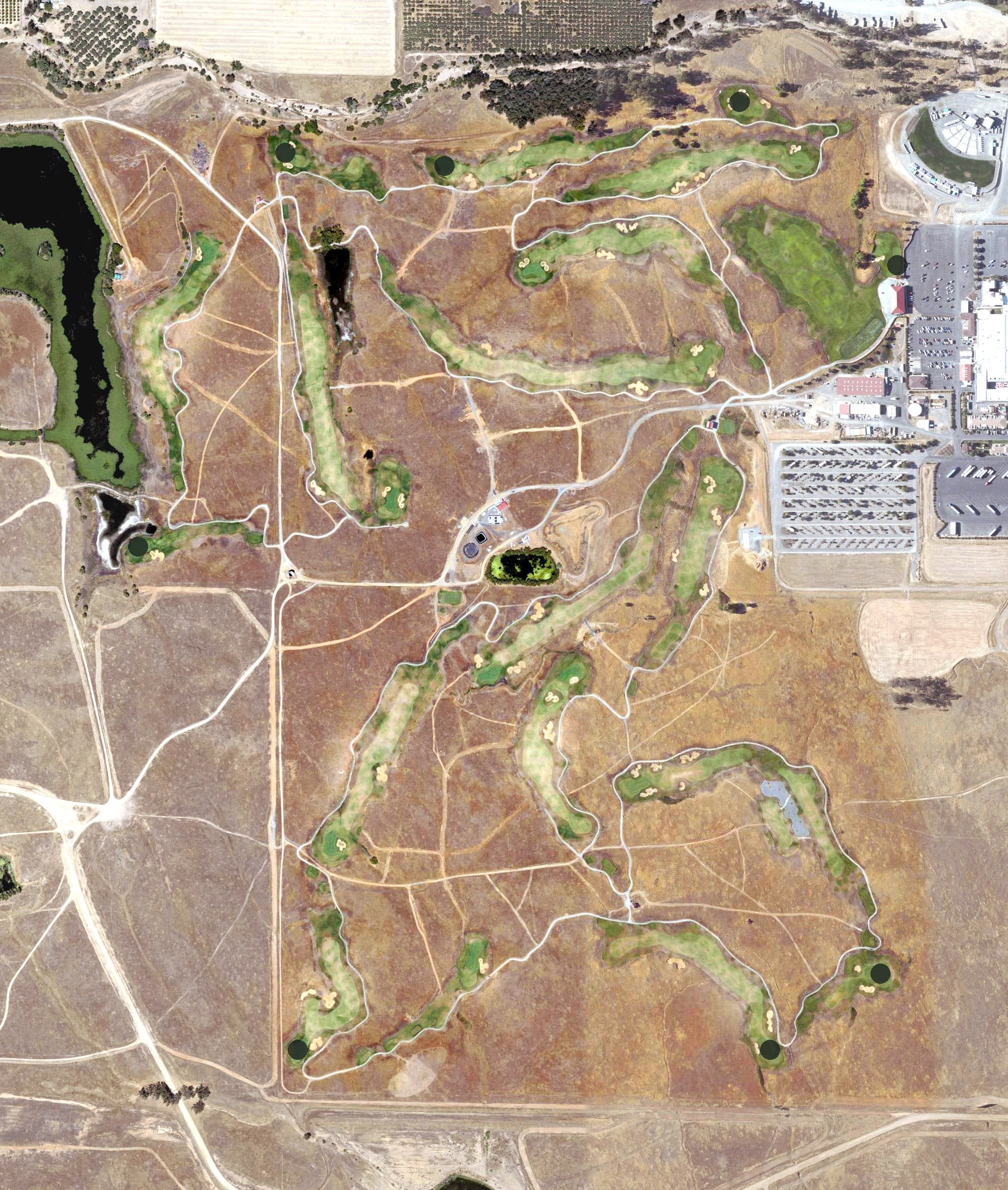 Aerial view of Sevillano Links, CA, with its hole routing marked