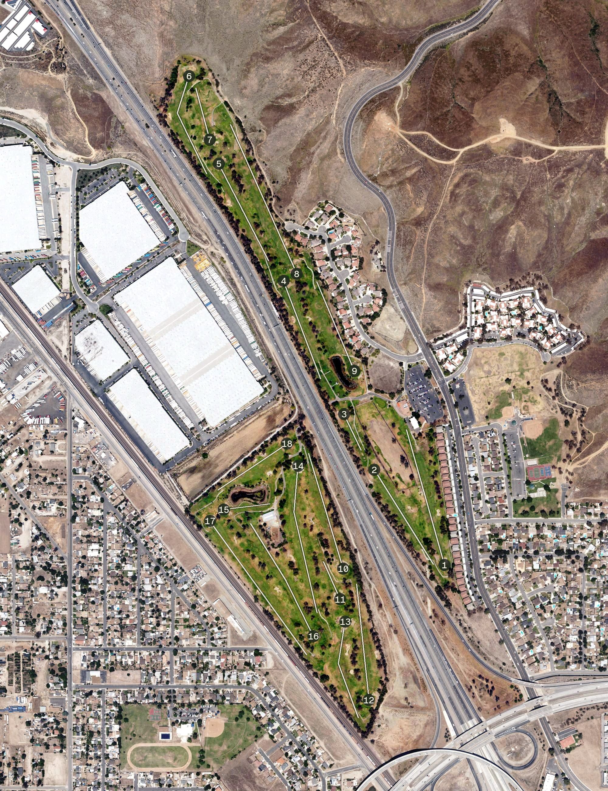 Aerial view of Shandin Hills Golf Course, CA, with its hole routing marked
