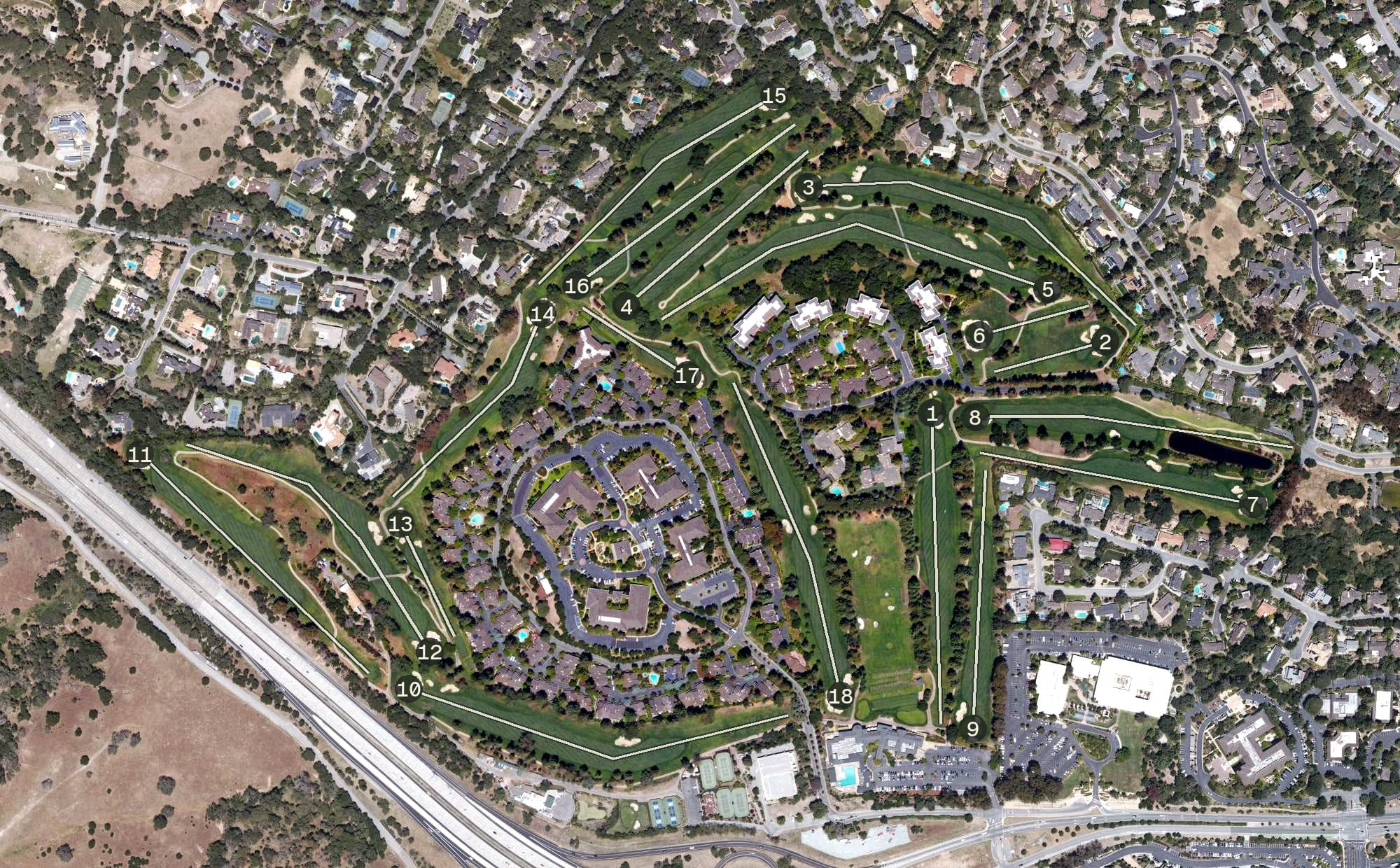 Aerial view of Sharon Heights Golf Course, CA, with its hole routing marked
