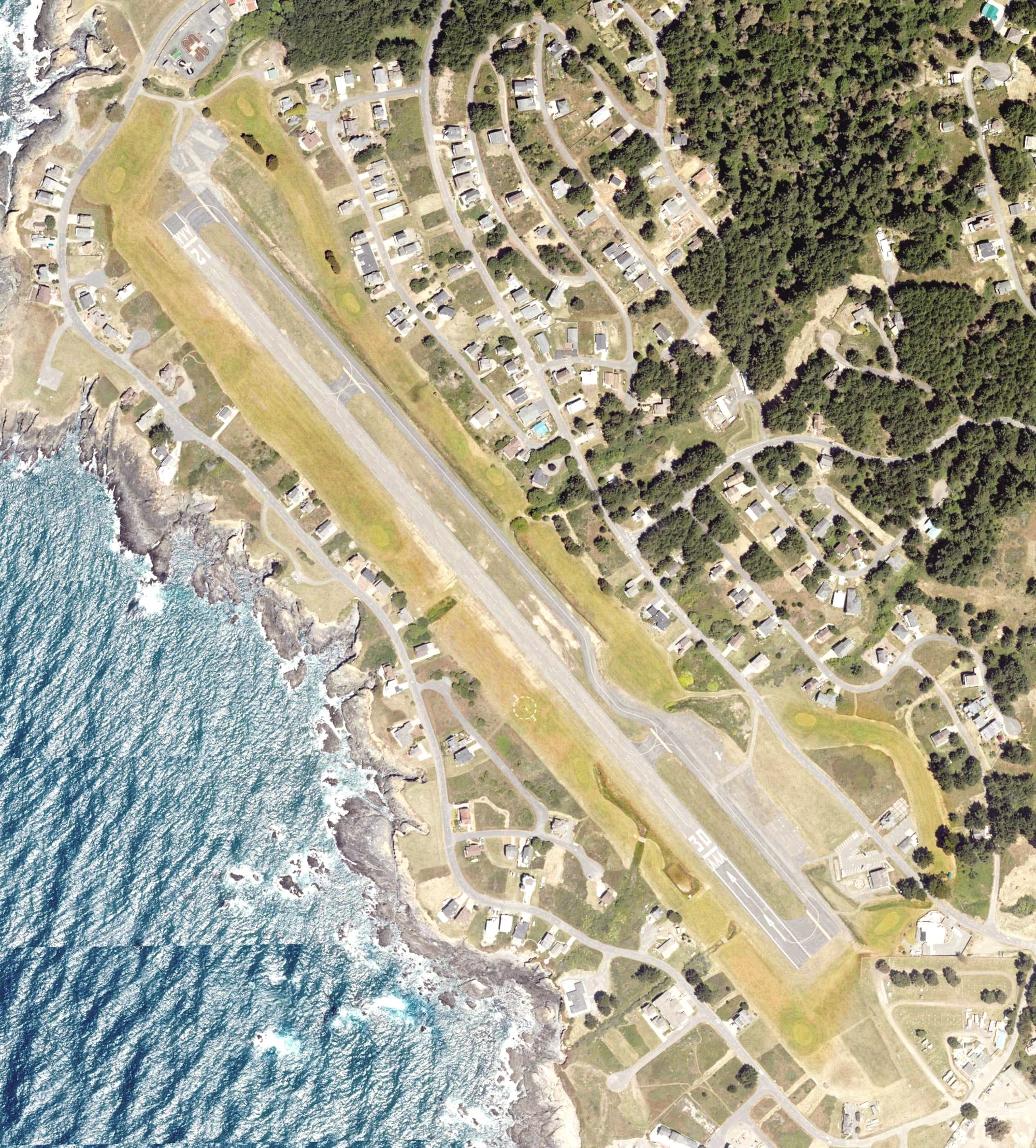 Aerial view of Shelter Cove Golf Course, CA, with its hole routing marked