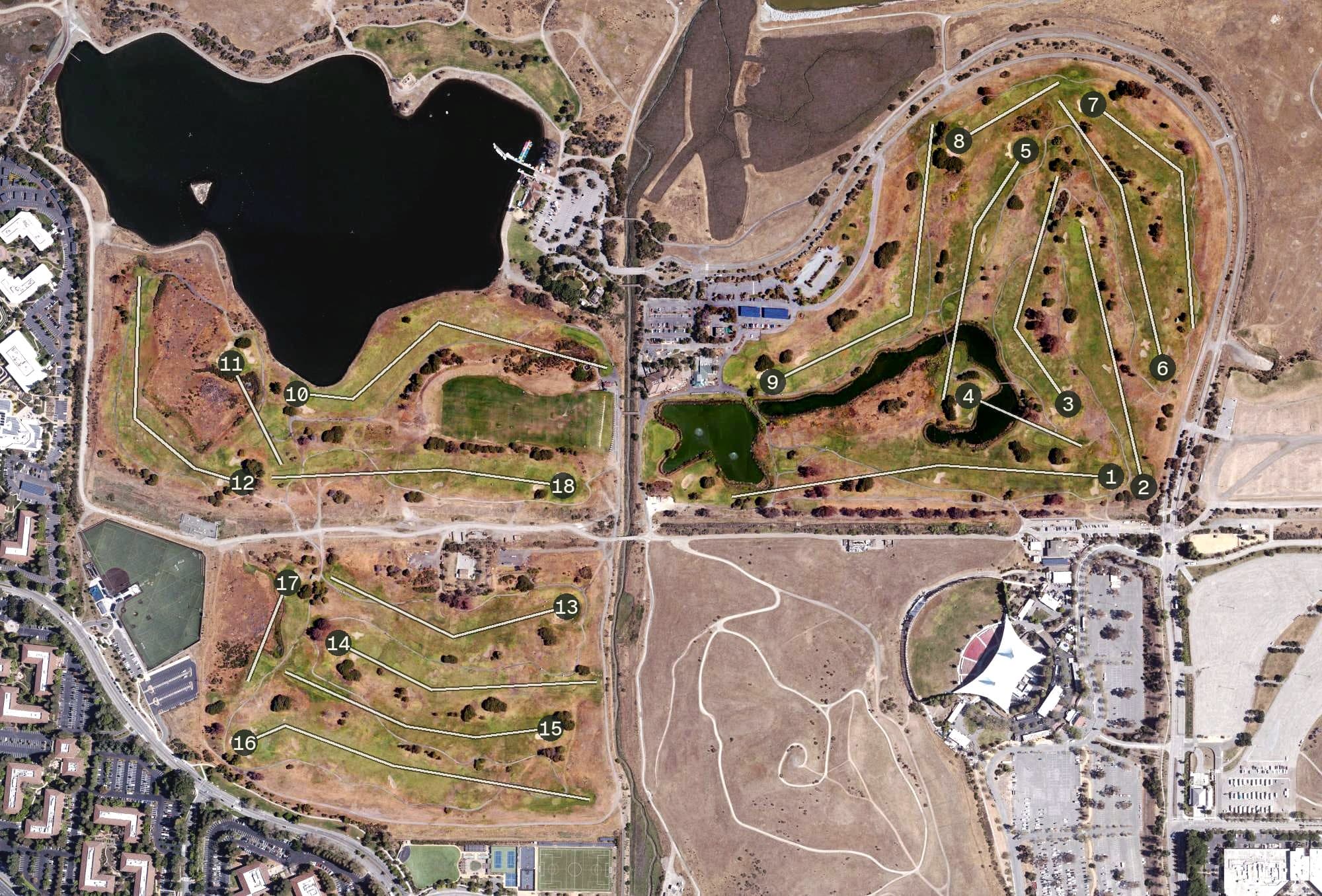 Aerial view of Shoreline Golf Links, CA, with its hole routing marked