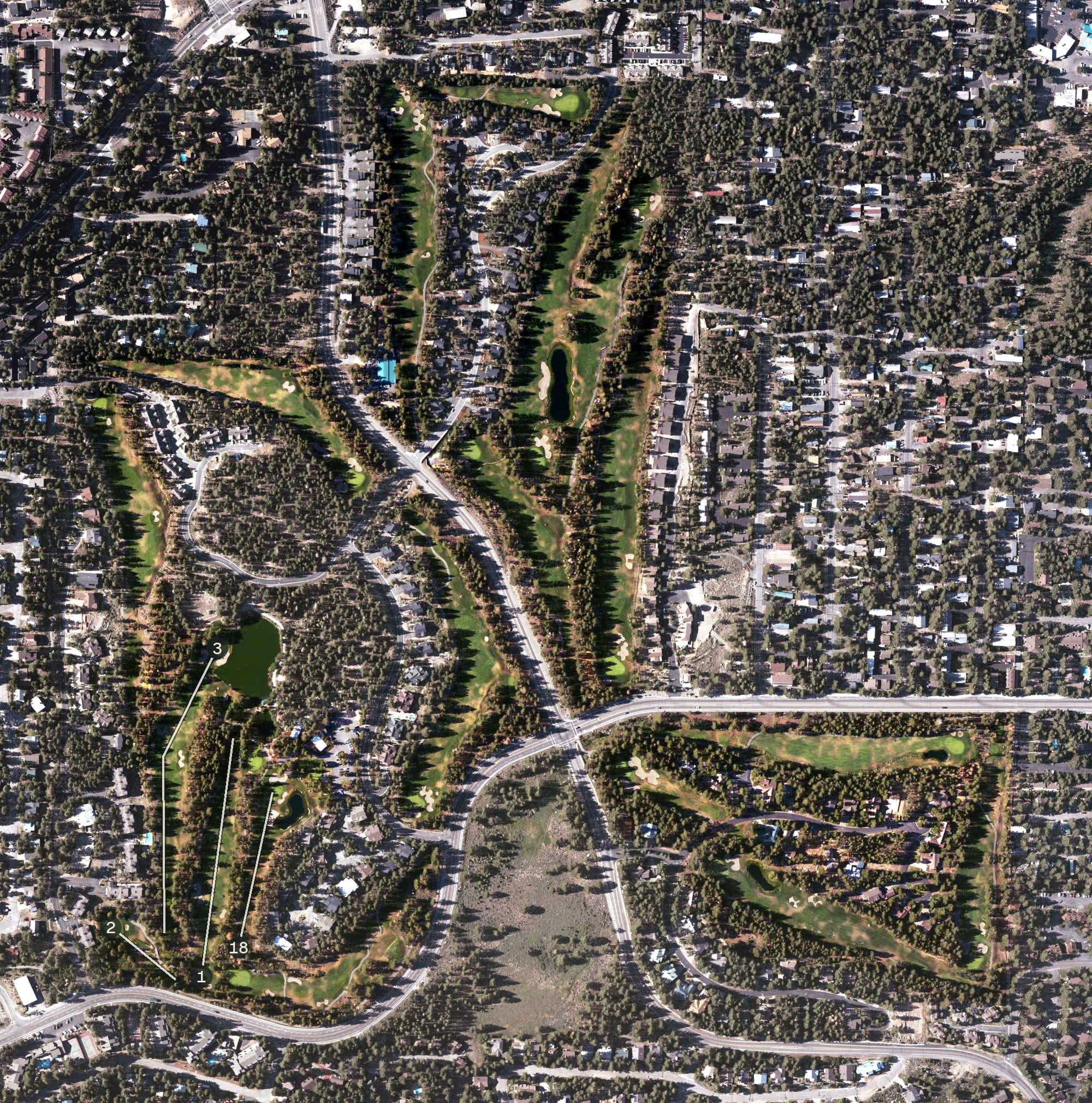 Aerial view of Sierra Star Golf Course, CA, with its hole routing marked