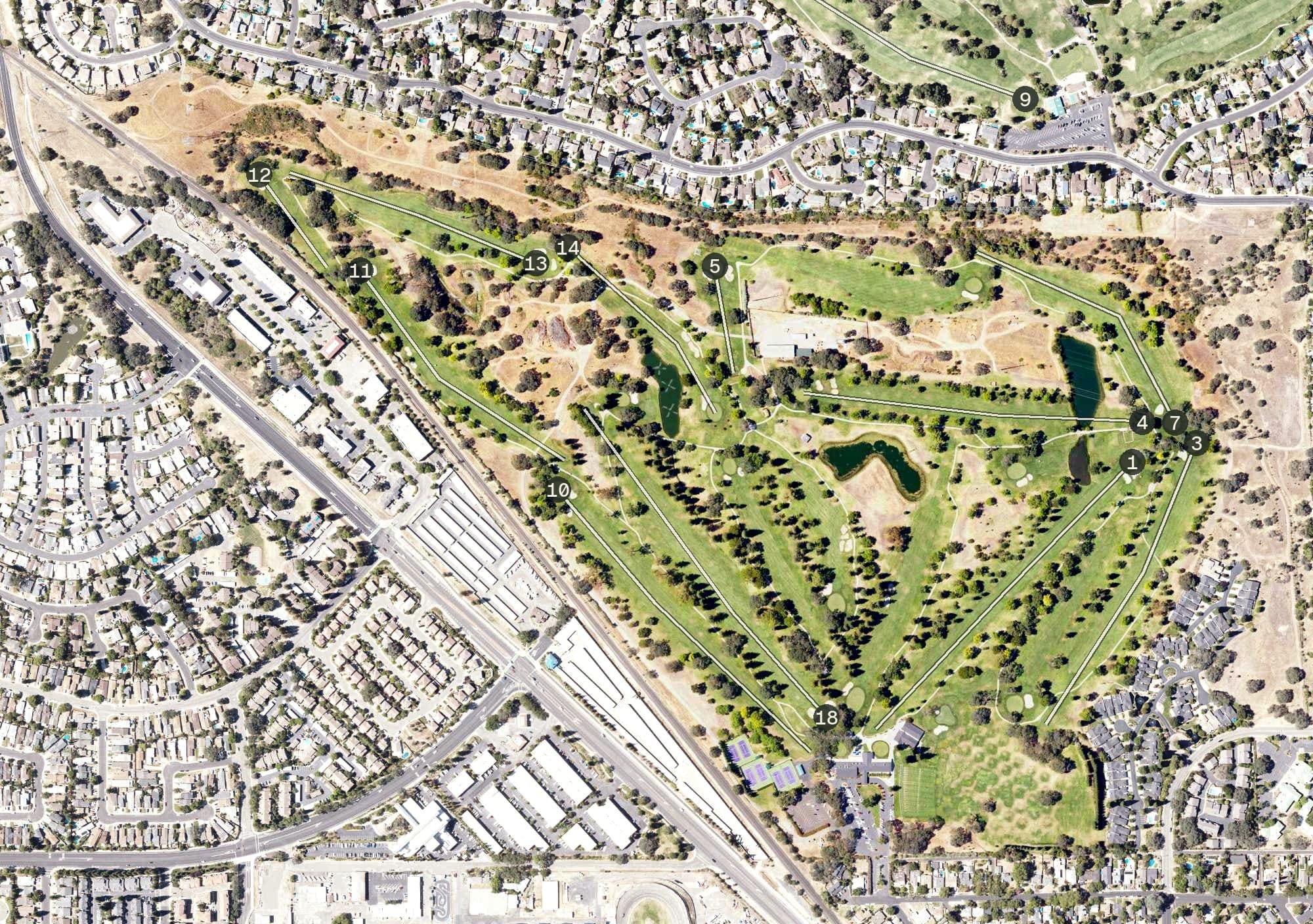 Aerial view of Sierra View Country Club, CA, with its hole routing marked